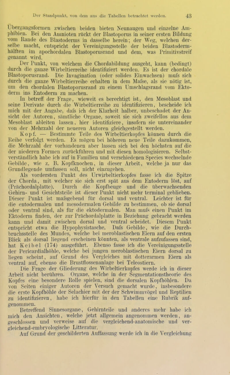 Uberganfjslbnnen zwischen beiden bieten Neunaugen und einzelne Ain- l)hibien. Bei den Amnioten rückt der Blastoporus in seiner ersten Bildung vom Rande des Blastoderins in dasselbe herein; der Weg, welchen der- selbe macht, entspricht der Vereinigungsstelle der beiden Blastoderm- hiillten im apochordalen Blastoporusrand und dem, was rrimitivstreif genannt wird. Der Tunkt, von welchem die Chordabildung ausgeht, kann (bedingt) durch die ganze Wirbeltierreihe identifiziert werden. Es ist der chordale Blastoporusrand. Die Invagination (oder solides Einwachsen) muls sich durch die ganze Wirbeltierreihe erhalten in dem Mai'se, als sie nötig ist, um den chordalen Blastoporusrand zu einem Umschlagsrand vom Ekto- derm ins Entoderm zu machen. In betreff der Frage, wieweit es berechtigt ist, den Mesoblast und seine Derivate durch die Wirbeltierreihe zu identifizieren, bescheide ich mich mit der Angabe, dals ich der Klarheit halber, unbeschadet der An- sicht der Autoren, sämtliche Organe, soweit sie sich zweifellos aus dem Mesoblast ableiten lassen, hier identifiziere, insofern sie untereinander von der Mehrzahl der neueren Autoren gleichgestellt werden. Kopf. — Bestimmte Teile des Wirbeltierkopfes können durch die Reihe verfolgt werden. Es mögen bei höheren neue Teile dazukommen, die Mehrzahl der vorhandenen aber lassen sich bei den höchsten auf die der niederen Formen zurückführen und mit diesen homologisieren. Selbst- verständlich habe ich auf in Familien und verschiedenen Species wechselnde Gebilde, wie z. B. Kopfknochen, in dieser Arbeit, welche ja nur das Grundlegende umfassen soll, nicht einzugehen. Als vordersten Punkt des Urwirbeltierkopfes fasse ich die Spitze der Chorda, mit welcher sie sich erst spät aus dem Entoderm löst, auf (Prächordalplatte). Durch die Kopfbeuge und die überwachsenden Gehirn- und Gesichtsteile ist dieser Punkt nicht mehr terminal geblieben. Dieser Punkt ist mafsgebend für dorsal und ventral. Leichter ist für die entodermalen und mesodermalen Gebilde zu bestimmen, ob sie dorsal oder ventral sind, als für die ektodermalen. Man mufs einen Punkt im Ektoderm finden, der zur Prächordalplatte in Beziehung gebracht werden kann und damit zwischen dorsal und ventral scheidet. Diesem Punkt entspricht etwa die Hypophysistasche. Dafs Gebilde, wie die Durch- bruchsstelle des Mundes, welche bei meroblastischen Eiern auf den ersten Blick als dorsal liegend erscheinen könnten, als ventrale aufzufassen sind, hat Keibel (174) ausgeführt. Ebenso fasse ich die Vereinigungsstelle der Pericardialhöhle, welche bei jungen meroblastischen Eiern dorsal zu liegen scheint, auf Grund des Vergleiches mit dotterarmen Eiern als ventral auf, ebenso die Brustflossenanlage bei Teleostiern. Die Frage der Gliederung des Wirbeltierkopfes werde ich in dieser Arbeit nicht berühren. Organe, welche in der Segmentationstheorie des Kopfes eine besondere Rolle spielen, sind die dorsalen Kopfhöhlen. Da von Seiten einiger Autoren der Versuch gemacht wurde, insbesondere die erste Kopfböhle der Selachier mit der der Schwimmvögel und Reptilien zu identifizieren, habe ich hierfür in den Tabellen eine Rulwik auf- genommen. Betreffend Sinnesorgane, Gehirnteile und anderes mehr habe ich mich den Ansichten, welche jetzt allgemein angenommen werden, an- geschlossen und verweise auf die vergleichend-anatomische und ver- gleichend-embryologische Litteratur. Auf Grund der geschilderten Auffassung werde ich in die Vergleichung