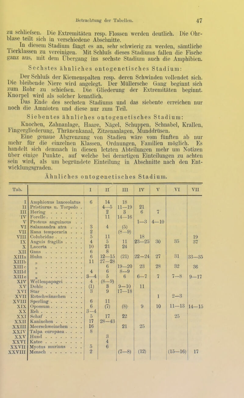 zu schlielseii. Die p]xtreiuitiiten resp. Hessen werden deutlich. Die Ohr- blase teilt sich in vei-schiedene Abschnitte. ^ ^ In diesem Stadium fängt es an, sehr schwierig zu werden, sämtliche iierklassen zu vereinigen. Mit Schlufs dieses Stadiums fallen die Fische ganz aus, mit dem Übergang ins sechste Stadium auch die Amphibien. Sechstes ähnliches ontogenetisches Stadium: Der Schlufs der Kiemenspalten resp. deren Schwinden vollendet sich. Die bleibende Niere wird angelegt. Der Müllersche Gang beginnt sich zum Rohr zu schiefsen. Die Gliederung der Extremitäten beginnt. Knorpel wird als solcher kenntlich. Das Ende des sechsten Stadiums und das siebente erreichen nur noch die Amnioten und diese nur zum Teil. Siebentes ähnliches ontogenetisches Stadium: Knochen, Zahnanlage, Haare, Nägel, Schuppen, Schnabel, Krallen, Fingergliederung, Thränenkanal, Zitzenanlagen, Munddrüsen. Eine genaue Abgrenzung von Stadien wäre vom fünften ab nur mehr für die einzelnen Klassen, Ordnungen, Familien möglich. Es handelt sich demnach in diesen letzten Abteilungen mehr um Notizen über einige Punkte, auf welche bei derartigen Einteilungen zu achten sein wird, als um begründete Einteilung in Abschnitte nach den Ent- wicklungsgraden. Ähnliches ontogenetisches Stadium. Tab. I II III IV V VI VH I Amphioxiis lanceolatus 6 14 18 11 Pristiurus u. Torpedo . 4r-5 11—19 21 III Hering 2 3 6 7 TV Forelle 11 14—16 V Proteus anguineus . . 1—3 4—10 VI Salamandra atra . . . 3 4 (5) VII Kana teinporaria . . . 2 (8-9) VIII Colubridae 0 11 18 19 IX Anguis tragilis .... 4 5 11 23—25 30 35 37 X Lacerta 10 21 24 XII Gans 6 8 Xllla Huhn 6 12—15 (21) 22-24 27 31 33—35 Xlllb 11 27-28 XIIIc 6 19-20 23 28 32 36 Xllld 4 6 8—9 Xllle 3—4 5 6 6—7 7 7—8 9—17 XIV Wellenpapagei .... 4 (8-9) XV Dohle (1) 3 9—10 11 XVI Star 3 9 17—18 XVII Kotschwänzchen . . . 1 2-3 XVIII Sperling 6 11 XIX Opossum 6 (7) (8) 9 10 11—13 14—15 XX Keil 3-4 XXI Schaf 5 17 22 25 XXII Kaninchen 17 28-43 XXIII Meerschweinchen . . . 16 21 25 XXIV Talpa europaea .... 8 XXV Hund 3 XXVI Katze 4 XXVII Myotus murinus . . . 5 6 XXVIII Mensch 2 (7-8) (12) (15-16) 17