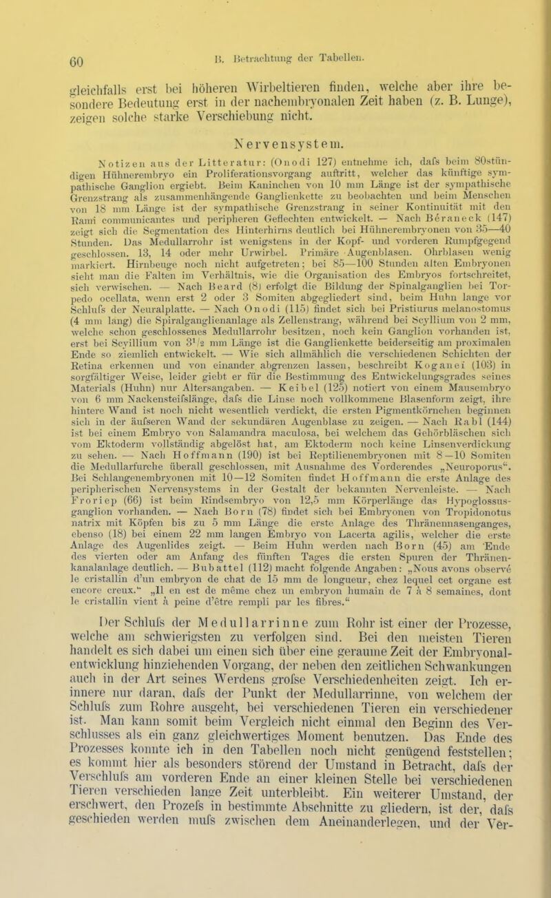 15. I5(‘triic'htiiug der Tabellen. ixleiclifalls erst bei höheren AVirbeltieren finden, welche aber ihre be- sondere Bedeutun erst in der nachendnyonalen Zeit haben (z. B. Lunge), zeigen solche starke Verschiebung nicht. N ervensysteni. Notizen aus der Litteratur: (Onodi 127) entnehme ich, dafs heim 80stün- digen Hühnerembryo ein Proliferationsvorgang auftritt, welcher das künftige sym- pathische Ganglion ergiebt. Beim Kaninchen von 10 mm Länge ist der sympatliisclie Grenzstrang als zusammenhängende Ganglienkette zu beobachten und heim Menschen von 18 mm Länge ist der sympathische Grenzstrang in seiner Kontinuität mit den Kami connnunicantes und peripheren Geflechten entwickelt. — Nach Beraneck (147) zeigt sich die Segmentation des Hinterhirns deutlich bei Hühnerembryonen von 85—40 Stunden. Das Mcdullarrohr ist wenigstens in der Kopf- und vorderen Kumpfgegend geschlossen. 13, 14 oder mehr Urwirhel. Primäre ■ Augenhlasen. Ohrhlasen wenig markiert. Hirnheuge noch nicht aufgetreten; bei 85—100 Stunden alten Embryonen sieht man die Falten im Verhältnis, wie die Organisation des Embryos fortschreitet, sich verwischen. — Nach Beard (8) erfolgt die Bildung der Spinalgauglien hei Tor- pedo ocellata, wenn erst 2 oder 3 Somiten ahgegliedert sind, beim Huhn lange vor Schlufs der Neuralplatte. — Nach Onodi (115) findet sich hei Pristiurus melanostomus (4 mm lang) die Spiralganglienanlage als Zellenstrang, während bei Scyllium von 2 mm, welche schon geschlossenes Medullarrohr besitzen, noch kein Ganglion vorhanden ist, erst bei Scyillium von 3’/2 mm Länge ist die Ganglienkette beiderseitig am proximalen Ende so ziemlich entwickelt. — Wie sich allmählich die verschiedenen Schichten der Retina erkennen und von einander ahgrenzen lassen, beschreibt Koganei (103) in sorgfältiger Weise, leider giebt er für die Bestimmung des Entwickelungsgrades seines ^laterials (Huhn) nur Altersangaben. — K ei bei (125) notiert von einem Mausembrj'o von 0 mm Nackensteifslänge, dafs die Linse noch vollkommene Blasenform zeigt, ihre hintere Wand ist noch nicht wesentlich verdickt, die ersten Pigmentkörnchen beginnen sich in der äufseren Wand der sekundären Augenblase zu zeigen. — Nach Kahl (144) ist bei einem Embryo von Salamandra maculosa, bei welchem das Gehörbläschen sich vom Ektoderm vollständig abgelöst hat, am Ektoderm noch keine Linsen Verdickung zu .sehen. — Nach Hoffmann (190) ist bei Reptilienembryonen mit 8—10 Somiten die Medullarfurche überall geschlossen, mit Ausnahme des Vorderendes „Neuroporus‘^. Bei Schlangcnembryonen mit 10 —12 Somiten findet H offmann die erste Anlage des peripherischen Neiwensystems in der Gestalt der I)ekannten Nervenleiste. — Nach Froriep (66) ist beim Rindsembryo von 12,5 mm Körperlänge das Hypoglossus- ganglion vorhanden. — Nach Born (78) findet sich l)ei Embiyonen von Tropidonotus natrix mit Köpfen bis zu 5 mm Länge die erste Anlage des Thräneimaseiiganges, ebenso (18) bei einem 22 mm langen Embryo von Lacerta agilis, welcher die erste Anlage des Augenlides zeigt. — Beim Huhn werden nach Born (45) am 'Ende des vierten oder am Anfang des fünften Tages die ersten Spuren der Thränen- kanalanlage deutlich. — Bubattel (112) macht folgende Angaben: „Nous avons observ6 le cristallin d’un embrjmn de chat de 15 mm de longueur, chez lequel cet organe est encore creux.” „11 en est de meine chez un embryon humain de 7 a 8 semaines, dont le cristallin vient h peine d’etre rempli par les fibres.“ Der Schliü's der Medullarrinne zum Rolir ist einer der Prozesse, welche am schwierigsten zu verfolgen sind. Bei den meisten Tieren handelt es sich dabei um einen sich über eine geraume Zeit der Embryonal- entwdcklung hinziehenden Vorgang, der neben den zeitlichen Schwankungen auch in der Art seines Werdens grofse Verschiedenheiten zeigt. Ich er- innere nur daran, dafs der Punkt der Medullarrinne, von welchem der Schlufs zum Rohre ausgeht, bei verschiedenen Tieren ein verschiedener ist. Man kann somit beim Vergleich nicht einmal den Beginn des Ver- schlusses als ein ganz gleichw^ertiges Moment benutzen. Das Ende des Prozesses konnte ich in den Tabellen noch nicht genügend feststellen; es kommt hier als besonders störend der Umstand in Betracht, dafs der Verschluls am vorderen Ende an einer kleinen Stelle bei verschiedenen Tieren verschieden lange Zeit unterbleibt. Ein weiterer Umstand, der erschwert, den Prozefs in bestimmte Abschnitte zu gliedern, ist der, dafs geschieden werden mufs zwischen dem Aneinanderlegen, und der Ver-