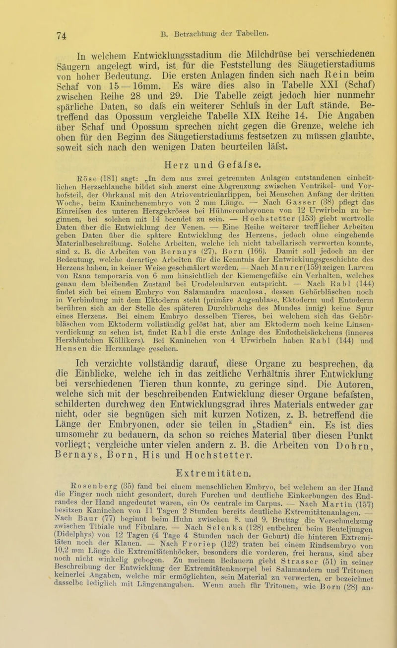 In welchem Entwicklungsstadium die Milchdrüse bei verschiedenen Säugern angelegt wird, ist. für die Feststellung des Säugetierstadiums von hoher Bedeutung. Die ersten Anlagen finden sich nach Rein beim Schaf von 15 —16mm. Es wäre dies also in Tabelle XXI (Schaf) zwischen Reihe 28 und 29. Die Tabelle zeigt jedoch hier nunmehr spärliche Daten, so dafs ein weiterer Schlufs in der Luft stände. Be- treffend das Opossum vergleiche Tabelle XIX Reihe 14. Die Angaben über Schaf und Opossum sprechen nicht gegen die Grenze, welche ich oben für den Beginn des Säugetierstadiums festsetzen zu müssen glaubte, soweit sich nach den wenigen Daten beurteilen läfst. Herz und Gefäfse. llöse (181) sagt: „In dem aus zwei getrennten Anlagen entstandenen einheit- lichen Herzschlauche bildet sich zuerst eine Abgrenzung zwischen Ventrikel- und Vor- hofsteil, der Ohrkanal mit den Atrioventricularlippen, hei Menschen Anfang der dritten Woche, beim Kaninchenemhryo von 2 mm Länge. — Nach Gasser (38) pflegt das Einreifseu des unteren Herzgekröses bei Hühnereinhryonen von 12 Ui'wirheln zu be- ginnen, bei solchen mit 14 beendet zu sein. — Hochstetter (153) giebt wertvolle Daten über die Entwicklung der Venen. —• Eine Keihe weiterer treftlieber Arbeiten geben Daten über die spätere Entwicklung des Herzens, jedoch ohne eingehende Materialbeschreibung. Solche Arbeiten, welche ich nicht tabellarisch verwerten konnte, sind z. B. die Arbeiten von Bernays (27), Born (166). Damit soll jedoch an der Bedeutung, welche derartige Arbeiten für die Kenntnis der Entwicklimgsgescliichte des Herzens haben, in keiner Weise geschmälert werden. — Nach Mau rer (159) zeigen Larven von Kana temporaria von 6 mm hinsichtlich der Kiemengefäfse ein Verhalten, welches genau dem bleibenden Zustand bei Urodelenlarven entspricht. — Nach Kahl (144) findet sich bei einem Embryo von Salamandra maculosa , dessen Gehörbläscben noch in Verbindung mit dem Ektoderm steht (primäre Augenblase, Ektoderm und Entoderm berühren sich an der Stelle des späteren Durchbruchs des Mundes innig) keine Spur eines Herzens. Bei einem Embryo desselben Tieres, bei welchem sich das Gehör- bläschen vom Ektoderm vollständig gelöst hat, aber am Ektoderm noch keine Linsen- verdickmig zu sehen ist, findet R a 1) 1 die erste Anlage des Endothelsäckchens (inneres Herzhäutchen Köllikers). Bei Kaninchen von 4 Urwii'beln haben Rabl (144) und Hensen die Herzanlas:e gesehen. Ich verzichte vollständig darauf, diese Organe zu besprechen, da die Einblicke, welche ich in das zeitliche Verhältnis ihrer Entwicklung bei verschiedenen Tieren thun konnte, zu geringe sind. Die Autoren, welche sich mit der beschreibenden Entwicklung dieser Organe befafsten, schilderten durchweg den Entwicklungsgrad ihres Materials entweder gar nicht, oder sie begnügen sich mit kurzen Notizen, z. B. betreffend die Länge der Embryonen, oder sie teilen in „Stadien“ ein. Es ist dies umsomehr zu bedauern, da schon so reiches Material über diesen Punkt vorliegt; vergleiche unter vielen andern z. B. die Arbeiten von Dohrn, Bernays, Born, His und Hochstetter. Extrem i täten. Rosenberg (35) fand bei einem mcnscbliclien Embryo, bei welchem an der Hand die Finger noch nicht gesondert, durch Furchen und deutliche Einkerbungen des End- randes der Hand angedeutet waren, ein Os centrale im Carpus. — Nach Martin (157) besitzen Kaninchen von 11 Tagen 2 Stunden bereits deutliche Extremitätenanlagen. Nach Baur (77) beginnt beim Huhn zwischen 8. und 9. Bruttag die Verschmelzuno- zwischen Tibiale und Fibulare. — Nach Selenka (128) entbehren beim Beuteljungen (Didelphys) von 12 Tagen (4 Tage 4 Stunden nach der Geburt) die hinteren Extremi- sten noch der Klauen. — Nach Froriep (122) traten bei einem Rindsembryo von 10,2 mni Länge die Extremitätenhöcker, besonders die vorderen, frei heraus, sind aber noch nicht winkelig gebogen. Zu meinem Bedauern giebt Strasser (51) in seiner Beschreibung der Entwicklung der Extremitätenknoriiel bei Salamandern und Tritonen keinerlei Angaben, lyelche mir ermöglicbten, sein Material zu verwerten, er bezeichnet dasselbe lediglicli mit Längenangaben. Wenn auch für Tritonen, wie Born (28) an-