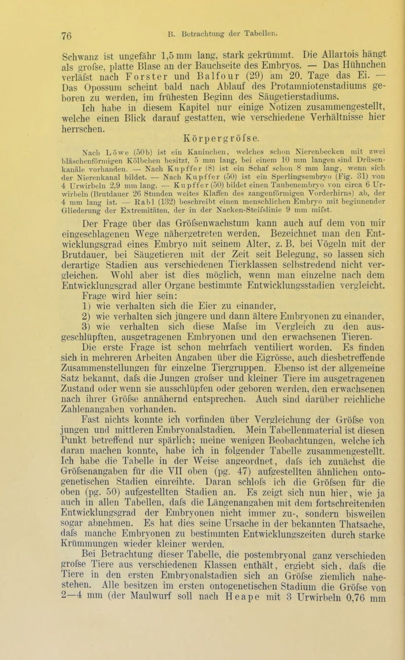 Schwanz ist ungefähr l,5inin lang, stark gekrüinint. Die Allaitois hängt als grolse, platte Blase an der Bauchseite des Embryos. — Das Hühuchen verläfst nach Förster und Balfour (29) am 20. Tage das Ei. — Das Opossum scheint bald nach Ablauf des Protamniotenstadiums ge- hören zu werden, im frühesten Beginn des Säugetierstadiums. Ich habe in diesem Kapitel nur einige Notizen zusammengestellt, welche einen Blick darauf gestatten, wie verschiedene Verhältnisse hier herrschen. K ö r p e r g r ö f s e. Nach Löwe (öOb) ist ein Kaniiicheu, welches schon Nierenbecken mit zwei bläschenförmigen Kölbclien besitzt, o mm lang, bei einem 10 mm langen sind Drüsen- kanäle vorhanden. — Nach Knpffer (8) ist ein Schaf schon 8 mm lang, wenn sich der Nierenkanal bildet. — Nach Knpffer (50) ist ein Sperlingsembryo (Fig. 31) von 4 Urwirbeln 2,9 mm lang. — Knpffer (50) bildet einen Taubenembn'O von circa 6 Ur- wirbeln (Brutdauer 26 Stunden weites Klaffen des zangenförmigen Vorderhirns) ab, der 4 mm lang ist. — Kahl (132) beschreibt einen menschlichen Embryo mit beginnender Gliederung der Extremitäten, der in der Nacken-Steifslinie 9 mm mifst. Der Frage über das Gröfsenwachstum kann auch auf dem von mir eingeschlagenen Wege nähergetreten werden. Bezeichnet man den Ent- wicklungsgrad eines Embryo mit seinem Alter, z. B. bei Vögeln mit der Brutdauer, bei Säugetieren mit der Zeit seit Belegung, so lassen sich derartige Stadien aus verschiedenen Tierklassen selbstredend nicht ver- gleichen. Wohl aber ist dies möglich, wenn man einzelne nach dem Entwicklungsgrad aller Organe bestimmte Entwicklungsstadien vergleicht. Frage wird hier sein: 1) wie verhalten sich die Eier zu einander, 2) wie verhalten sich jüngere und dann ältere Embryonen zu einander, 3) wie verhalten sich diese Mafse im Vergleich zu den aus- geschlüpften, ausgetragenen Embryonen und den erwachsenen Tieren. Die erste Frage ist schon mehrfach ventiliert worden. Es finden sich in mehreren Arbeiten Angaben über die Eigrösse, auch diesbetreffende Zusammenstellungen für einzelne Tiergruppen. Ebenso ist der allgemeine Satz bekannt, dals die Jungen grofser und kleiner Tiere im ausgetragenen Zustand oder wenn sie ausschlüpfen oder geboren wTrden, den erwachsenen nach ihrer Gröfse annähernd entsprechen. Auch sind darüber reichliche Zahlenangaben vorhanden. Fast nichts konnte ich vorfinden über Vergleichung der Gröfse von jungen und mittleren Enibryonalstadien. Mein Tabellenmaterial ist diesen Punkt betreffend nur spärlich; meine wenigen Beobachtungen, weicheich daran machen konnte, habe ich in folgender Tabelle zusammengestellt. Ich habe die Tabelle in der Weise angeordnet, dals ich zunächst die Gröfsenangaben für die VII oben (pg. 47) aufgestellten ähnlichen onto- genetischen Stadien einreihte. Daran schlofs ich die Gröfsen für die oben (pg. .50) aufgestellten Stadien an. Es zeigt sich nun hier, wie ja auch in allen Tabellen, dafs die Längenangaben mit dem fortschreitenden Entwicklungsgrad der Embryonen nicht immer zu-, sondern bisweilen sogar almehmen. Es hat dies seine Ursache in der bekannten Thatsache, dafs manche Embryonen zu bestimmten Entwicklungszeiten durch starke Krümmungen wieder kleiner werden. Bei Betrachtung dieser Tabelle, die postembryonal ganz verschieden p^ofse Tiere aus verschiedenen Klassen enthält, ergiebt sich, dafs die Tiere in den ersten Embryonalstadien sich an Gröfse ziemlich nahe- stehen. Alle besitzen im ersten ontogenetischen Stadium die Gröfse von 2—4 mm (der Maulwurf soll nach Heape mit 3 Urwirbeln 0,76 mm