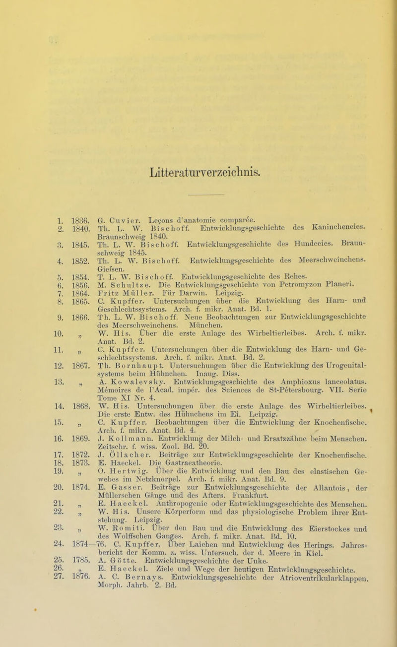 Litteraturverzeichnis. 1. 1836. 2. 1840. 3. 1845. 4. 1852. 5. 1854. 6. 1856. 7. 1864. 8. 1865. 9. 1866. 10. 11. 12. 1867. 13. n 14. 1868. 15. J5 16. 1869. 17. 1872. 18. 1873. 19. 20. 1874. 21. J) 23. J? 24. 1874- 25. 1785. 26. 27. 1876. G. Ciivier. Le<;ons d’anatomie comparee. Th. L. W. Bi sc hoff. EnGvicklung.sgescliichte des Kanincheneies. Braunschweig 1840. Th. L. W. Bischoff. Eiitwicklung.sgescliichte des Hundeeies. Braun- schweig 1845. Th. L. W. Bischoff. Plntwicklungsgeschichte des Meei’schweinchens. Giefsen. T. L. W. Bischoff. Entwicklungsgeschichte des Rehes. M. Schnitze. Die Entwicklungsgeschichte von Petromyzon Planeri. iT'itz Müller. IMr Darwin. Leipzig. C. Kupffer. Untersuchungen über die Entwicklung des Harn- und Geschlechtssystems. Arch. f. mikr. Anat. Bd. 1. Th. L. W. Bischoff. Neue Beobachtungen zur Entwicklungsge.schichte des Meerschweinchens. München. W. His. Über die erste Anlage des Wirbeltierleibes. Arch. f. mikr. Anat. Bd. 2. C. Kupffer. Untersuchungen über die Entwicklung des Harn- und Ge- schlechtssystems. Arch. f. mikr. Anat. Bd. 2. Th. Bornhaupt. Untersuchungen über die Entwicklung des Urogenital- systems beim Hühnchen. Inaug. Diss. A. Kowalevsky. Entwicklung.sgeschichte des Amphioxus lanceolatus. Memoires de l’Acad. imper. des Sciences de St-Petersbourg. VII. Serie Tome XI Nr. 4. W. His. Untci’suchungen über die erste Anlage des Wirbeltierleibes. Die erste Entw. des Hühnchens im Ei. Leipzig. C. Kupffer. Beobachtungen über die Entwicklung der Knochenfische. Arch. f. mikr. Anat. Bd. 4. J. Ko 11 mann. Entwicklung der Milch- und Ersatzzähne beim Menschen. Zeitschr. f. wiss. Zool. Bd. 20. J. Öllacher. Beiträge zur Entwicklungsgeschichte der Knochenfische. E. Haeckel. Die Gastraeatheorie. O. Hertwig. Über die Entwicklung und den Bau des elastischen Ge- Avebes im Netzknorpel. Arch. f. mikr. Anat. Bd. 9. E. Gasser. Beiträge zur Entwicklungsgeschichte der Allantois, der Müllerschen Gänge und des Afters. Frankfurt. E. Haeckel. Anthropogeuie oder Entwicklungsgeschichte des Menschen. stehung. Leipzig. W. Komiti. Über den Bau und die Entwicklung des Eierstockes und des Wölfischen Ganges. Arch. f. mikr. Anat. Bd. 10. 76. C. Kupffer. Über Laichen und Entwicklung des Herings. Jahres- bericht der Komm. z. wiss. Untersuch, der d. Meere in Kiel. A. Götte. Entwicklungsgeschichte der Unke. E. Haeckel. Ziele und Wege der heutigen Entwicklungsgeschichte. A. C. Bernays. Entwicklungsgeschichte der .\trioventrikularklapi)en. Morph. .lahrb. 2. Bd. 1