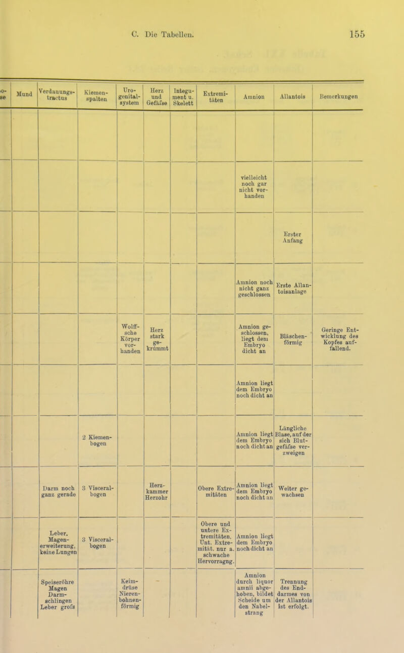 0- se Mund Verdanungs- triu'tus Kiemen- spalten Uro- genital- system Herz und Gefäfse Integu- ment u. Skelett Extremi- täten Amnion Allantois Bemerkungen vielleicht noch gar nicht vor- handen Erster Anfang Amnion noch nicht ganz geschlossen Erste Allan- toisanlage Wolflf- sche Körper vor- handen Herz stark ge- krümmt Amnion ge- schlossen, liegt dem Embryo dicht an Bläschen- förmig Geringe Ent- wicklung des Kopfes auf- fallend. Amnion liegt dem Embryo noch dicht an 2 Kiemen- bogen Amnion liegt dem Embryo noch dicht an Längliche Blase, auf der sich Blut- gefafse ver- zweigen Darm noch ganz gerade 3 Visceral- bogen Herz- kammer Herzohr Obere Extre- mitäten Amnion liegt dem Embryo noch dicht an Weiter ge- wachsen Leber. Magen- erweiterung, keine Lungen 3 Visceral- bogen Obere und untere Ex- tremitäten. Dnt. Extre- mität. nur a. schwache Hervorragng. Amnion liegt dem Embryo noch dicht an Speiseröhre Magen Darm- schlingen Leber grofs Keim- drüse Nieren- bohnen- förmig Amnion durch liquor amnii abge- hoben, bildet Scheide um den Nabel- strang Trennung des End- darmes von der Allantois ist erfolgt.