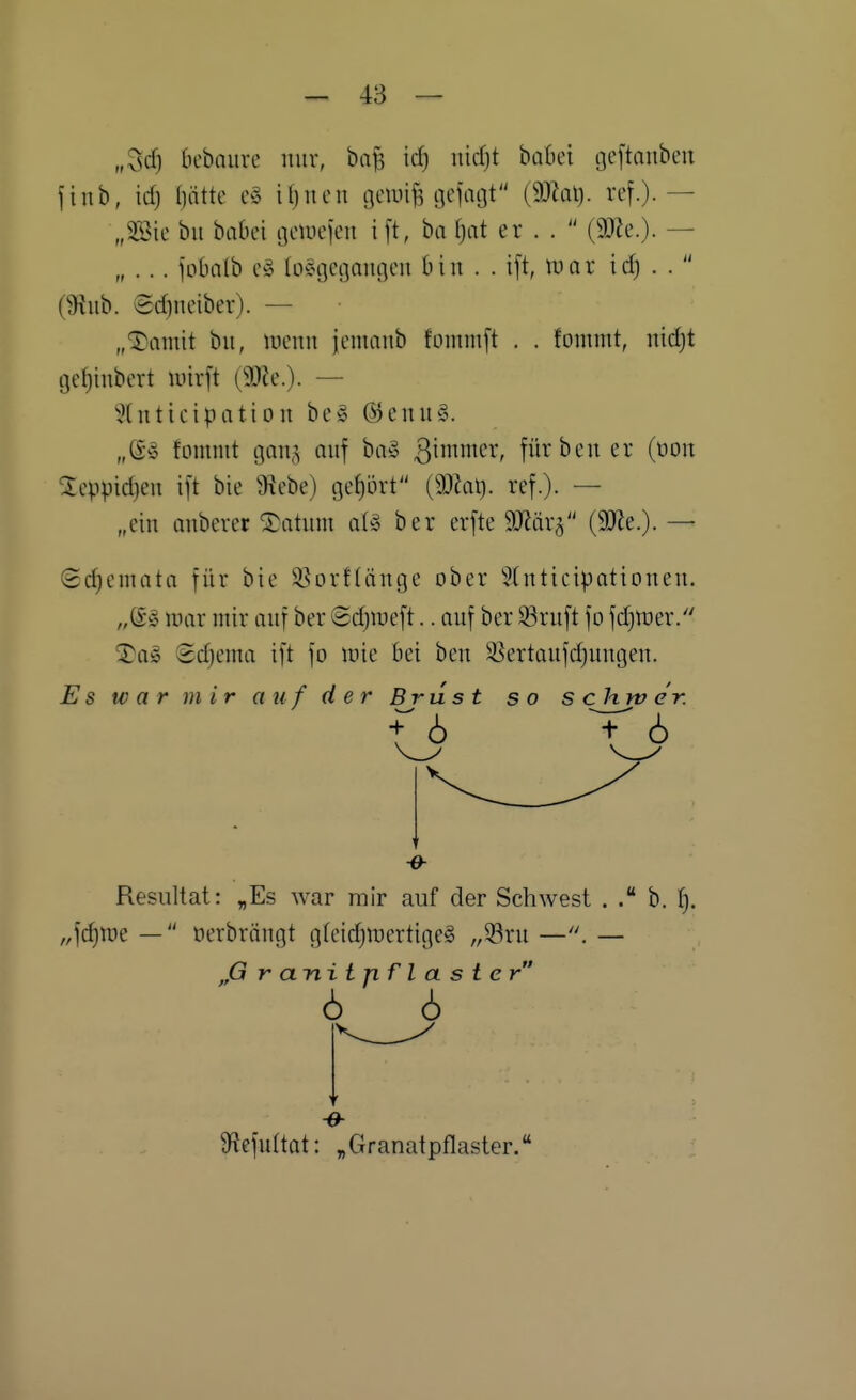 „^d) bebaiire itiiv, ba^ ic^ nicfjt baBei cjcftauben finb, idj (jätte e§ if)nen gciuij^ tjefatjt (9JZal). ref.).— „Wk bu baOei ijclueieu ift, ba f)at er . .  (SOZe.)- — „ ... fübalb c» (ü^tjcgamieu bin . . ift, war id) . .  (9^ub. 8d)ueiber). — „S^amit bii, luenii jemaub fornnift . . fommt, uid^t gef)iubert wirft (9}Je.)- — ^tuticipation beg @enit§. „®§ fommt gon,^ auf ba§ 3'^'^^ für b euer (oon ^eppidjeii ift bie ^Jicbe) geprt (9Jkt). ref.). — „ein anbcrec ^atnm al^o ber erfte 9Jiär^ (SOZe.). — Sdjcmata für bie ^ßorfläntje ober 3(nticipationen. mar mir anf ber ©djineft.. auf ber 93ruft fo fd)tüer/' ^ag (5d}ema ift fo mie bei ben ^^ertaufd)ungen. Es war mir auf der Brust so schwer. Resultat: „Es war mir auf der Schwest . b. t). fdjwe — oerbröngt gteidjwertigeS „Sru —— + 6 + 6 -ö- 9?efultat: „Granatpflaster.