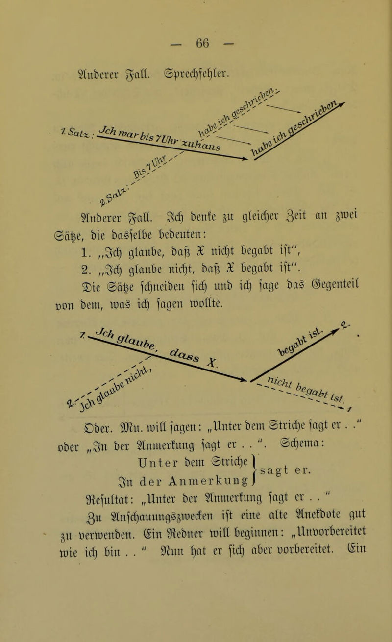 §tubcrev %ail ©pvedjiefjfer. 5(uberer %all Sd) benfe gleidjcv 3eit an ^mi (2ä^e, bie ba§felbe bebeuten: 1. tjUnibe, baj5 X uid)t begabt ift, 2. „Sd) glaube nidjt, baf? X begabt ift. SDie @ä|e fd)neiben fid) unb td) fage bog ©egenteil öon bem, tuag ic^ fagen lüoltte. Ober. 9}tn. luUMagen: „Unter bem ©tridje jogt er . ober „3n ber 31nmerfung jagt er . . Sdjema: Sn der Anmerkung J gflejnttat: „Unter ber 5(nnierfung jagt er . .  3u Slnidjonnng^^tüecfen i\i eine alte 5(nefbote gnt 5U Derwenben. ©in Ütebner nntt beginnen: „Unvorbereitet toie ic^ bin . .  9hin ^at er fid) aber vorbereitet. (Sin