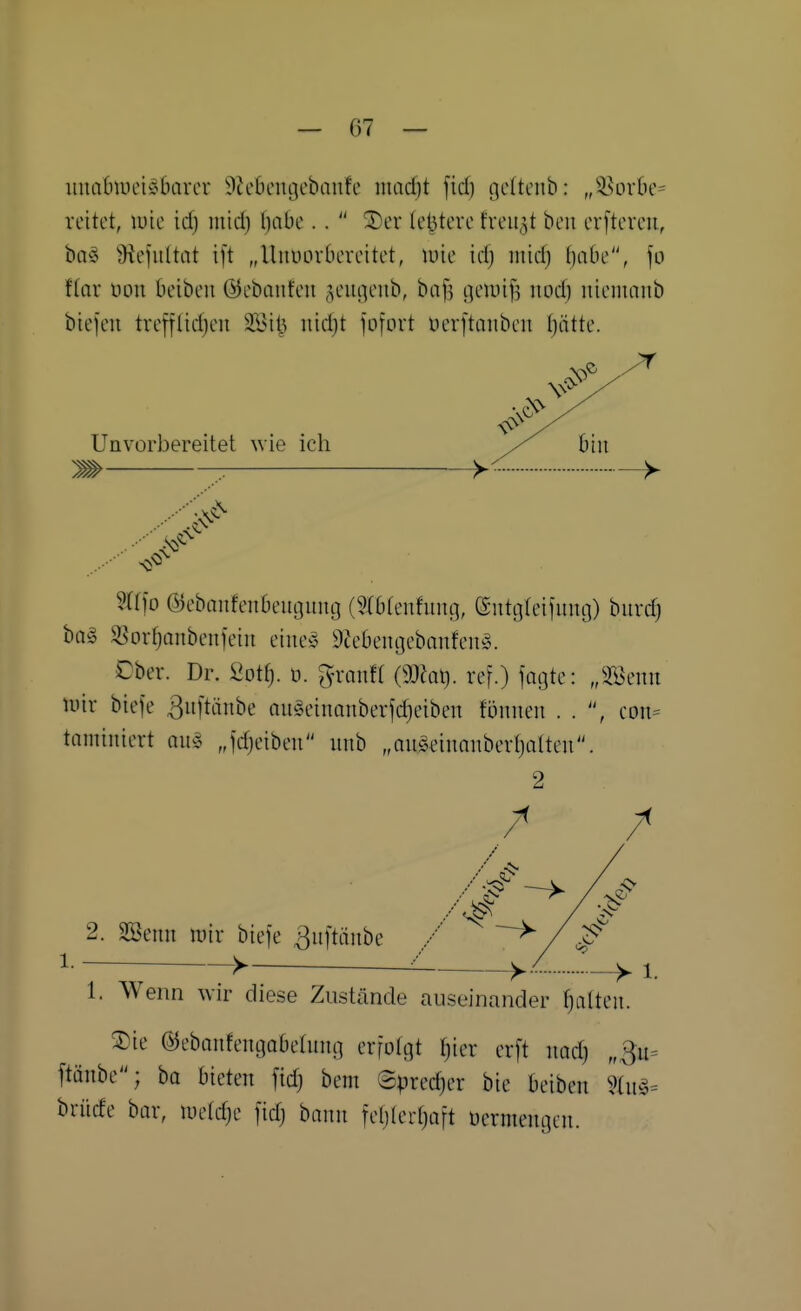 lumbuieiybarcr SieOeiuicbaufe madjt fiel) gcltenb: „^^orbe^ reitet, luie idj mid) Ijabe..  ^Der (entere freit5t bcii erfteveii, ba^ Siefultat ift „Uriüovbereitet, luie idj midj Ijabe, fo tiax üon beibeu ©ebaiifeii ^eufleub, bafj c\mif^ nod) niemnnb biefen tvefflidjeu iiid)t fofovt nerftanbeii I)ättc. V Unvorbereitet wie ich / bin 9ff)o Ö)ebanfenbeut3inu3 (5(b(eufuiig, ©iitciteijuug) biird; ba§ iÖDiljanbenfeiu eiltet 9Jebenoebanfen^. Cber. Dr. 2oti). ü. %xanU (mat). xc\.) foote: „SBenii luir biefe ^uftänbe au§einnuber1d)eiben töuiieu . . eon- tamiuiert au^ „fdjeiben uub „au§tinnnbed}Qlteu. 2 2. SSenii ivir biefe ^iiftaube / / ' > ^ U --^ 1. 1. Wenn wu- diese Zustände auseinander fjalteii. 3)ie e^ebanfengobehuic] erfotgt ^ier crft iiad) „3u= ftänbe; ha bieten fidj bem @pred)er bie beiben 9titg= brüffe bar, tuetdje fid) bann fcl)(erf)aft üevmeui]tn.