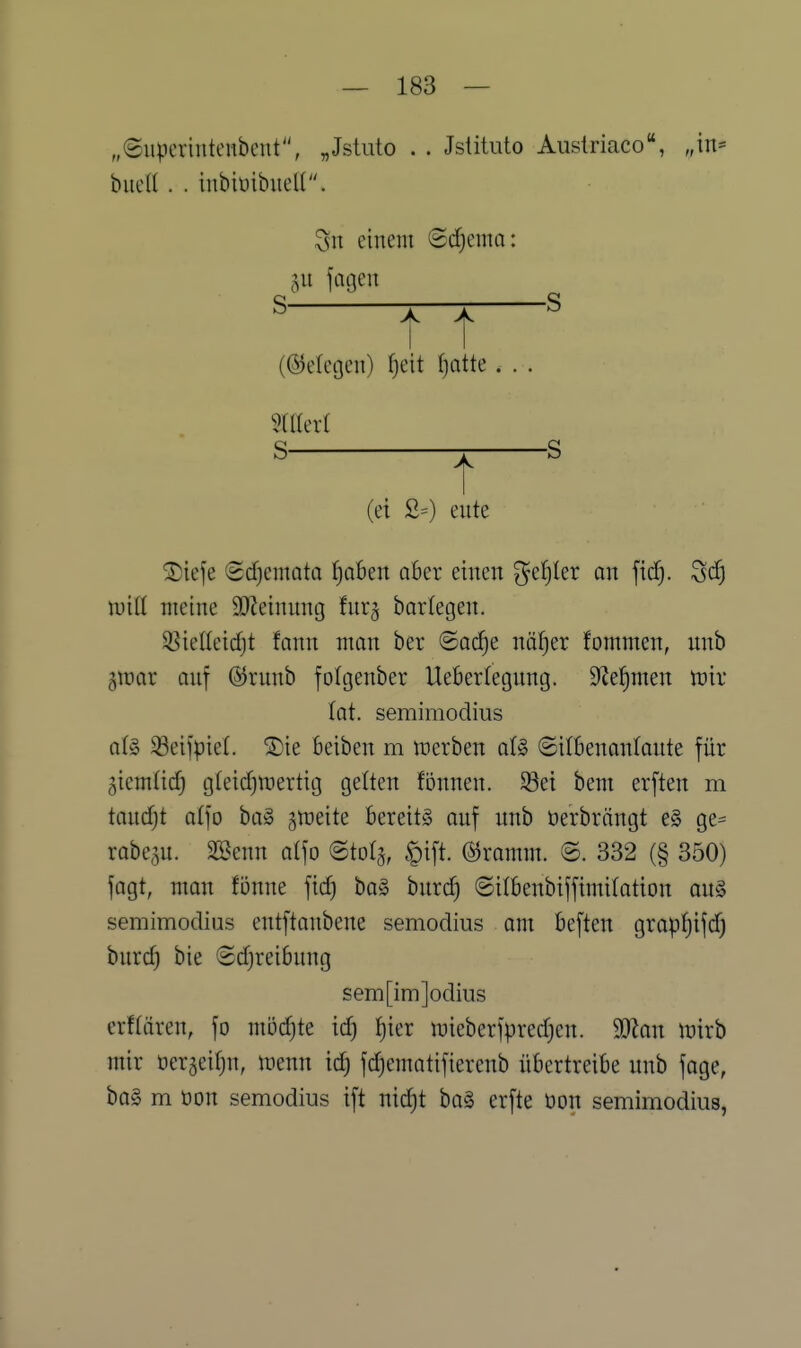 „©iipertutcnbcut, „Jstuto . . Jsütuto Austriaco, „in= bitcU . . inbioibueU. einem (2cf)ema: 511 fatjeit (belegen) ^eit (jotte. . . Siliert S jT S t (et 2=) eilte ®ieje ^djmata Reiben aber einen ^e^ter an fid). ScC) mü meine 9)Jeinunt3 fnr^ bartegen. SSietteidjt fann man ber ©arfje notjer fommen, nnb giüar auf ©rnnb fotgenber Uebertegnng. Sf^e^men mx tat. semimodius at§ 33eijpiet. S)ie kiben m werben ot§ ©itbenantante für giemtid) gteidjmertig getten fönnen. ^ei bein erften m taud;t atfo ba§ gtrieite bereits auf nnb öerbrängt e§ ge= robeju. Söenn atfo @tota, §ift. ©ramm. @. 332 (§ 350) fagt, man fönne fid) ba§ bnrd) ©itbenbiffimitation au§ semimodius entftanbene semodius am beften graptjifd) burd) bie Sdjreibung sem[im]odiiis erftären, fo mödjte id) ^ier mieberfpredjen. 'Man inirb mir öerjeifjn, trenn id) fd)ematifierenb übertreibe unb foge, ba§ m öon semodius ift nic^t ba§ erfte üon semimodius,