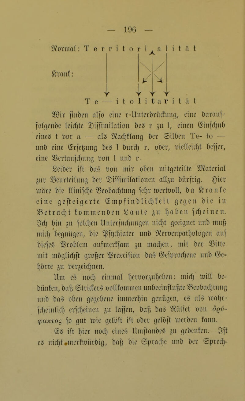 T e V Y T — i t 0 1 i T ; a r i t ä t 2Bir fiubeu al\ü eine r Uutcrbviufunn, eine bavauf= fokjcnbe leidjte SDiffiiiiidittou bc» r 1, einen öinfdjub eineö t üor a — aU 9tad}flanii ber ®i(6eu Te- to — iiiib eine (Sr|el^ung bc§ 1 burd) r, ober, DieUeidjt k\\n-, eine 35evtanjdjnnß üon 1 nnb r. Sciber i[t hv$ lum mir oOcn mitgeteilte 9.Vateria( 5nr iöenrteitnno ber ^iffimifationen nU.yi biirftiti. i^^ier njäre bie fünifdje 33eobadjtnng jefjr mertDoU, ba Sl'rnnfe eine gefteigerte (Smpfinblid)!eit gegen bie in SBetrndjt fommenben £ante ^n fjnben jdjeinen. Sd) bin in \old)m Unterind)nngen nidjt geeignet nnb mnil midj begnügen, bie ipjljdjiater nnb ^cenienpnttjotogen nnf biefe§ '»^robtem anfmcrffam ,yi madjcn, mit ber ^^itte mit mligüdjft grof^er ;praeci[ion ba^ Ö)eiprod)ene nnb (^e= {jijrte ucr^^eidjnen. Um e§ nod) einmal ()enHn-,vdjetien: mid) tuilf be= bünfen, baf^ ©tridery noKfommen nnbeeinftnfUe S^eobodjtnng nnb b(v3 oben gegebene immertjin genügen, e^i alo waljx^ jdjeinlid) erfdjeinen ,^n (äffen, baf? bn^5 9\ätfel non öqv- (paxioc, fo gnt tnie getöft ift ober geli3ft luerben tonn. ift fjier nod) eine^5 Umftanbe^!> gebenfen. 3ft ei^ nidjt »merhuiirbig, bnf^ bie öpradje nnb ber epred)=