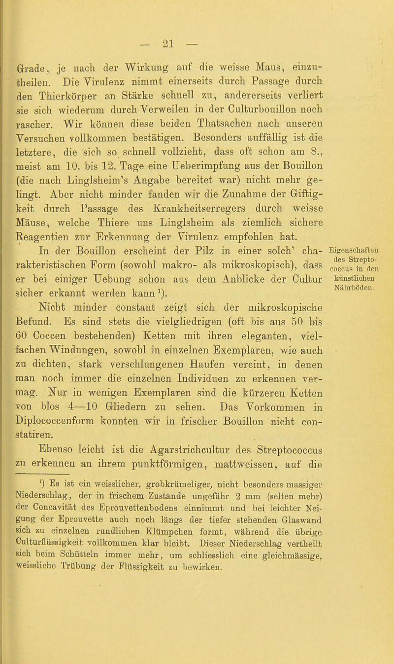 Grade, je nach der Wirkung auf die weisse Maus, einzu- theilen. Die Virulenz nimmt einerseits durch Passage durch den Thierkörper an Stärke schnell zu, andererseits verliert sie sich wiederum durch Verweilen in der Culturbouillon noch rascher. Wir können diese beiden Thatsachen nach unseren Versuchen vollkommen bestätigen. Besonders auffällig ist die letztere, die sich so schnell vollzieht, dass oft schon am 8., meist am 10. bis 12. Tage eine Ueberimpfung aus der Bouillon (die nach Linglsheim's Angabe bereitet war) nicht mehr ge- lingt. Aber nicht minder fanden wir die Zunahme der Giftig- keit durch Passage des Krankheitserregers durch weisse Mäuse, welche Thiere uns Linglsheim als ziemlich sichere Reagentien zur Erkennung der Virulenz empfohlen hat. In der Bouillon erscheint der Pilz in einer solch' cha- Eigenschaften rakteristischen Form (sowohl makro- als mikroskopisch), dass coocus^den er bei einiger Uebung schon aus dem Anblicke der Cultur künstlichen . t t . 1N Nährböden. sicher erkannt werden kann1). Nicht minder constant zeigt sich der mikroskopische Befund. Es sind stets die vielgliedrigen (oft bis aus 50 bis 60 Coccen bestehenden) Ketten mit ihren eleganten, viel- fachen Windungen, sowohl in einzelnen Exemplaren, wie auch zu dichten, stark verschlungenen Haufen vereint, in denen man noch immer die einzelnen Individuen zu erkennen ver- mag. Nur in wenigen Exemplaren sind die kürzeren Ketten von blos 4—10 Gliedern zu sehen. Das Vorkommen in Diplococcenform konnten wir in frischer Bouillon nicht con- statiren. Ebenso leicht ist die Agarstrichcultur des Streptococcus zu erkennen an ihrem punktförmigen, mattweissen, auf die *) Es ist ein weisslicher, grobkrüineliger, nicht besonders massiger Niederschlag, der in frischem Zustande ungefähr 2 mm (selten mehr) der Concavität des Eprouvettenbodens einnimmt und bei leichter Nei- gung der Eprouvette auch noch längs der tiefer stehenden Glaswand sich zu einzelnen rundlichen Klümpchen formt, während die übrige Culturflüssigkeit vollkommen klar bleibt. Dieser Niederschlag vertheilt sich beim Schütteln immer mehr, um schliesslich eine gleichmässige, weissliche Trübung der Flüssigkeit zu bewirken.