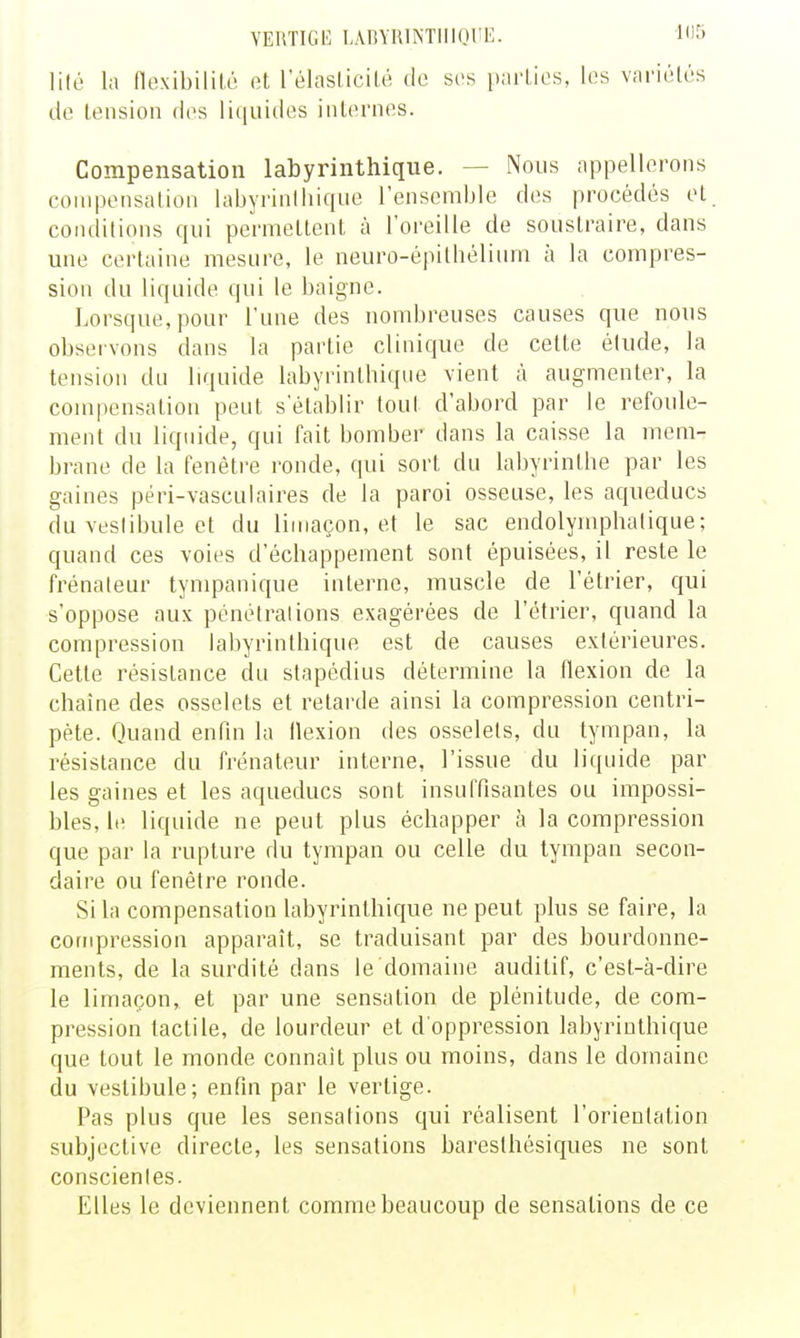 VERTIGE l,An\HlNTIIinilE. K15 lilé la nexibililï' et l'élaslicilé do ses parties, les variélés de tension des liquides internes. Compensation labyrinthique. — Nous appellerons compensation labyrinlliique l'ensemble des procédés et. conditions qui permettent à l'oreille de soustraire, dans une certaine mesure, le neuro-épithélium à la compres- sion du liquide qui le baigne. Lorsque, pour l'une des nombreuses causes que nous observons dans la partie clinique de cette élude, la tension du liquide labyrinthique vient à augmenter, la compensation peut s'établir toul d'abord par le refoule- ment du liquide, qui fait bomber dans la caisse la mem- brane de la fenêtre ronde, qui sort du labyrinthe par les gaines péri-vasculaires de la paroi osseuse, les aqueducs du vestibule et du limaçon, et le sac endolymphalique; quand ces voies d'échappement sont épuisées, il reste le fi'énaleur tympanique interne, muscle de l'étrier, qui s'oppose aux pénétrations exagérées de l'étrier, quand la compression labyrinthique est de causes extérieures. Cette résistance du slapédius détermine la flexion de la chaîne des osselets et retarde ainsi la compression centri- pète. Quand enfm la flexion des osselets, du tympan, la résistance du frénateur interne, l'issue du liquide par les gaines et les aqueducs sont insuffisantes ou impossi- bles, le liquide ne peut plus échapper à la compression que par la rupture du tympan ou celle du tympan secon- daire ou fenêtre ronde. Si la compensation labyrinthique ne peut plus se faire, la compression apparaît, se traduisant par des bourdonne- ments, de la surdité dans le domaine auditif, c'est-à-dire le limaçon, et par une sensation de plénitude, de com- pression tactile, de lourdeur et d'oppression labyrinthique que tout le monde connaît plus ou moins, dans le domaine du vestibule; enfin par le vertige. Pas plus que les sensations qui réalisent l'orientation subjective directe, les sensations baresthésiques ne sont conscientes. Elles le deviennent comme beaucoup de sensations de ce