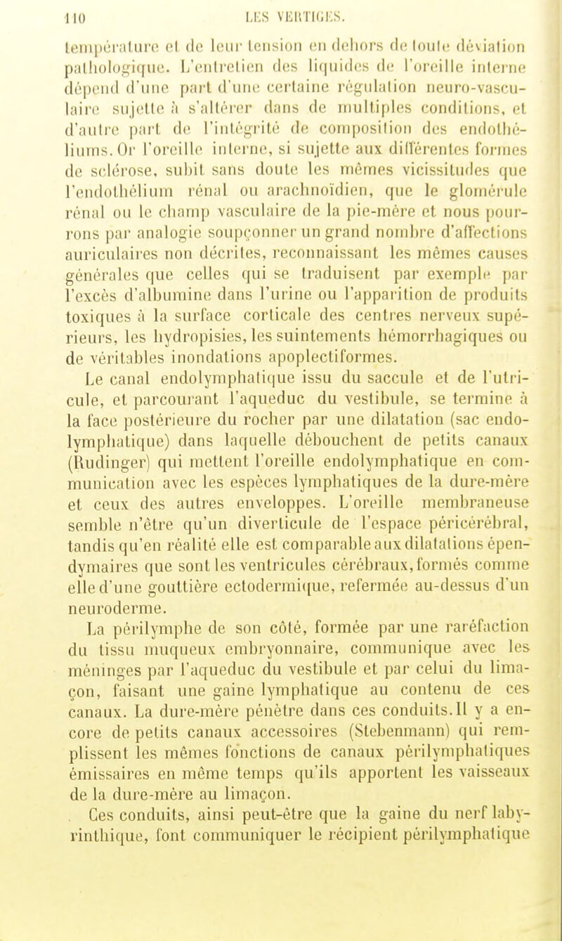 température et de leur tension en dehors de (oule déviation pathologique. L'enti'Ctien des Hquides de l'oreille interne dépend d'une part d'une; cei'taine régulation neuro-vascu- laire sujette à s'altér(<r dans de multiples conditions, cl d'autre part de l'intégrité de composilion des endolhé- liums.Or rorcille interne, si sujette aux dillérenles formes de sclérose, subit sans doute les mêmes vicissitudes que l'endothélium rénal ou arachnoïdien, que le glomérule rénal ou le champ vasculaire de la pie-mère et nous pour- rons par analogie soupçonner un grand nombre d'afi'ections auriculaires non décrites, reconnaissant les mêmes causes générales que celles qui se traduisent par exemple par l'excès d'albumine dans l'urine ou l'apparition de produits toxiques à la surface corticale des centres nerveux supé- rieurs, les hydropisies, les suintements hémorrhagiques ou de véritables inondations apoplectiformes. Le canal endolymphalique issu du saccule et de l'ulri- cule, et parcourant l'aqueduc du vestibule, se termine à la face postérieure du rocher par une dilatation (sac endo- lympliatique) dans laquelle débouchent de petits canaux (Rudinger) qui mettent l'oreille endolymphatique en com- munication avec les espèces lymphatiques de la dure-mère et ceux des autres enveloppes. L'oreille membraneuse semble n'être qu'un diverlicule de l'espace péricèrébral, tandis qu'en réalité elle est comparable aux dilatations épen- dymaires que sont les ventricules cérébraux, formés comme elle d'une gouttière ectodermi([ue, refermée au-dessus d'un neuroderme. La périlymphe de son côté, formée par une raréfaction du tissu muqueux embryonnaire, communique avec les méninges par l'aqueduc du vestibule et par celui du lima- çon, faisant une gaine lymphatique au contenu de ces canaux. La dure-mère pénètre dans ces conduits. 11 y a en- core de petits canaux accessoires (Stebenmann) qui rem- plissent les mêmes fonctions de canaux pèrilymphatiques émissaires en même temps qu'ils apportent les vaisseaux de la dure-mère au limaçon. Ces conduits, ainsi peut-être que la gaine du nerf laby- rinthique, font communiquer le récipient périlymphatique