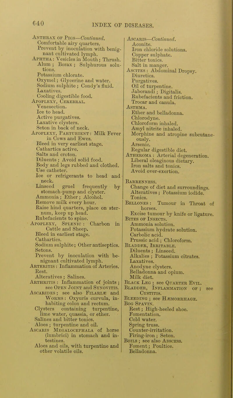 Anthrax of Vio?,—Continued. Comfortable airy quarters. Prevent by inoculation with benig- nant cultivated lymph. Aphtha: Vesicles in Mouth; Thrush. Alum ; Borax ; Sulphurous solu- tions. Potassium chlorate. Oxymel; Glycerine and water. Sodium sulphite ; Condy's fluid. Laxatives. Cooling digestible food. Apoplexy, Cerebeal, Venesection. Ice to head. Active purgatives. Laxative clysters. vSeton in back of neck. Apoplexy, Parturient : Milk Fever in Cows and Ewes. Bleed in very earliest stage. Cathartics active. Salts and croton. Diluents ; Avoid solid food. Body and legs rubbed and clothed. Use catheter. Ice or refrigerants to head and neck. Linseed gruel frequently by stomach-pump and clyster. Ammonia ; Ether; Alcohol. Remove milk every hour. Baise hind quarters, place on ster- num, keep up head. Rubefacients to spine. Apoplexy, Splenic : Charbon in Cattle and Sheep. Bleed in earliest stage. Cathartics. Sodium sulphite; Other antiseptics. Setons. Prevent by inoculation with be- nignant cultivated lymph. Arteritis : Inflammation of Arteries. Rest. Alteratives; Salines. Arthritis : Inflammation of joints ; see Open Joint and Synovitis. AsCARiDES; see also Pilaris and Worms : Oxyuris curvula, in- habiting colon and rectum. Clysters containing turpentine, lime water, quassia, or ether. Salines and bitter tonics. Aloes ; turpentine and oil. AscARis Megalocephala of horse (lumbrici) in stomach and in- testines. Aloes and oils, with turpentine and other volatile oils. A.SCARIS—Conlinued. Aconite. Iron chloride solutions. Copper sulphate. Bitter tonics. Salt in manger. Ascites : Abdominal Dropsy. Diuretics. Purgatives. Oil of turpentine. Jaborandi ; Digitalis. Rubefacients and friction. Trocar and canula. Asthma. Ether and belladonna. Chlorodyne. Chloroform inhaled. Amyl nitrite inhaled. Morphine and atropine subcutane- ously. Arsenic. Regular digestible diet. Atheroma : Arterial degeneration. Liberal oleaginous dietary. Iron salts and tonics. Avoid over-exertion. Barrenness. Change of diet and surroundings. Alteratives; Potassium iodide. Tonics. Bellones : Tumour in Throat of horses. Excise tumour by knife or ligature. Bites of Insects. Ammonia solution. Potassium hydrate solution. Carbolic acid. Prussic acid ; Chloroform. Bladder, Irritable. Diluents; Linseed. Alkalies ; Potassium citrates. Laxatives. Anodyne clysters. Belladonna and opium. Milk diet. Black Leg ; see Quarter Evil. Bladder, Inflasqiation of ; see Cystitis. Bleeding ; see H^iorrhage. Bog Spavin. Rest; High-heeled shoe. Fomentation. Cold water. Spring truss. Counter-irritation. Firing-iron ; Seton. Boils ; see also Abscess. Foment; Poultice. Belladonna.