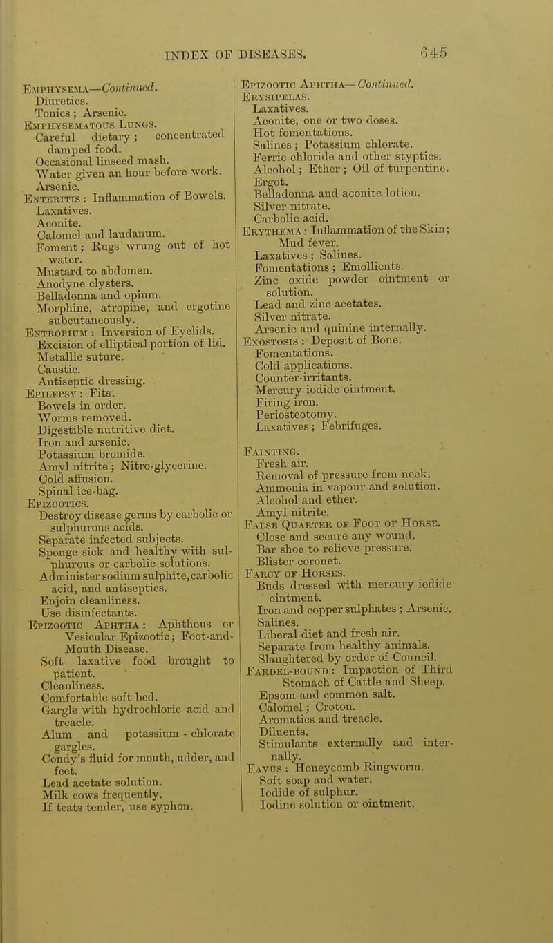 Emphysema—Continued. Diuretics. Tonics; Ai'senic. EMrHYSEMATOUS LUNGS. Careful dietaiy; concentrated damped food. Occasional linseed mash. Water given an hour before work. Arsenic. Enteritis : Inflammation of Bowels. Laxatives. Aconite. Calomel and laudanum. Foment; Rugs wrung out of hot water. Mustard to abdomen. Anodyne clysters. Belladonna and opium. Morphine, atropine, and ergotiiie ! subcutaneously. Entropium : Inversion of Eyelids. Excision of elliptical portion of lid. Metallic suture. Caustic. Antiseptic dressing. Epilepsy : Eits. Bowels in order. Worms removed. Digestible nutritive diet. Iron and arsenic. Potassium bromide. Amyl nitrite; Nitro-glycerine. Cold affusion. Spinal ice-bag. Epizootics. Destroy disease genns by carbolic or , sulj)hurous acids. Separate infected subjects. Sponge sick and healthy with sul- phurous or carbolic solutions. Administer sodium sulphite, carbolic acid, and antiseptics. Enjoin cleanliness. Use disinfectants. Epizootic Aphtha : Aphtlions or Vesicular Epizootic; Foot-and- Mouth Disease. Soft laxative food brought to patient. Cleanliness. Comfortable soft bed. Gargle with hydrochloric acid and treacle. Alum and potassium - chlorate gargles. Condy's fluid for mouth, udder, and feet. Lead acetate solution. Milk cows frequently. If teats tender, use syphon. Epizootic Aphtha— Gonliimed, Erysipelas. Laxatives. Aconite, one or two doses. Hot fomentations. Salines ; Potassium chlorate. Ferric chloride and other styptics. Alcohol; Ether ; Oil of turpentine. Ergot. Belladonna and aconite lotion. Silver nitrate. Cai'bolic acid. Erythema : Inflammation of the Skin; Mud fever. Laxatives; Salines. Fomentations; Emollients. Zinc oxide powder ointment or solution. Lead and zinc acetates. Silver nitrate. Arsenic and quinine internally. Exostosis : Deposit of Bone. Fomentations. Cold applications. Counter-irritants. Mercury iodide ointment. Firing iron. Periosteotomy. Laxatives; Febrifuges. Fainting. Fresh air. Removal of pressure from neck. Ammonia in vapour and solution. Alcohol and ether. Amyl nitrite. False Quarter of Foot op Horse. Close and secure any wound. Bar shoe to relieve pressure. Blister coronet. Farcy of Horses. Buds dressed with mercury iodide ointment. Iron and coijper sulphates; Arsenic. Salines. Liberal diet and fresh air. Separate from healthy animals. Slaughtered by order of Council. Fardel-bound : Impaction of Third Stomach of Cattle and Sheep. Epsom and common salt. Calomel; Croton. Aromatics and treacle. Diluents. Stimulants externally and inter- nally. Favus : Honeycomb Ringworm. Soft soap and water. Iodide of sulphur. Iodine solution or ointment.