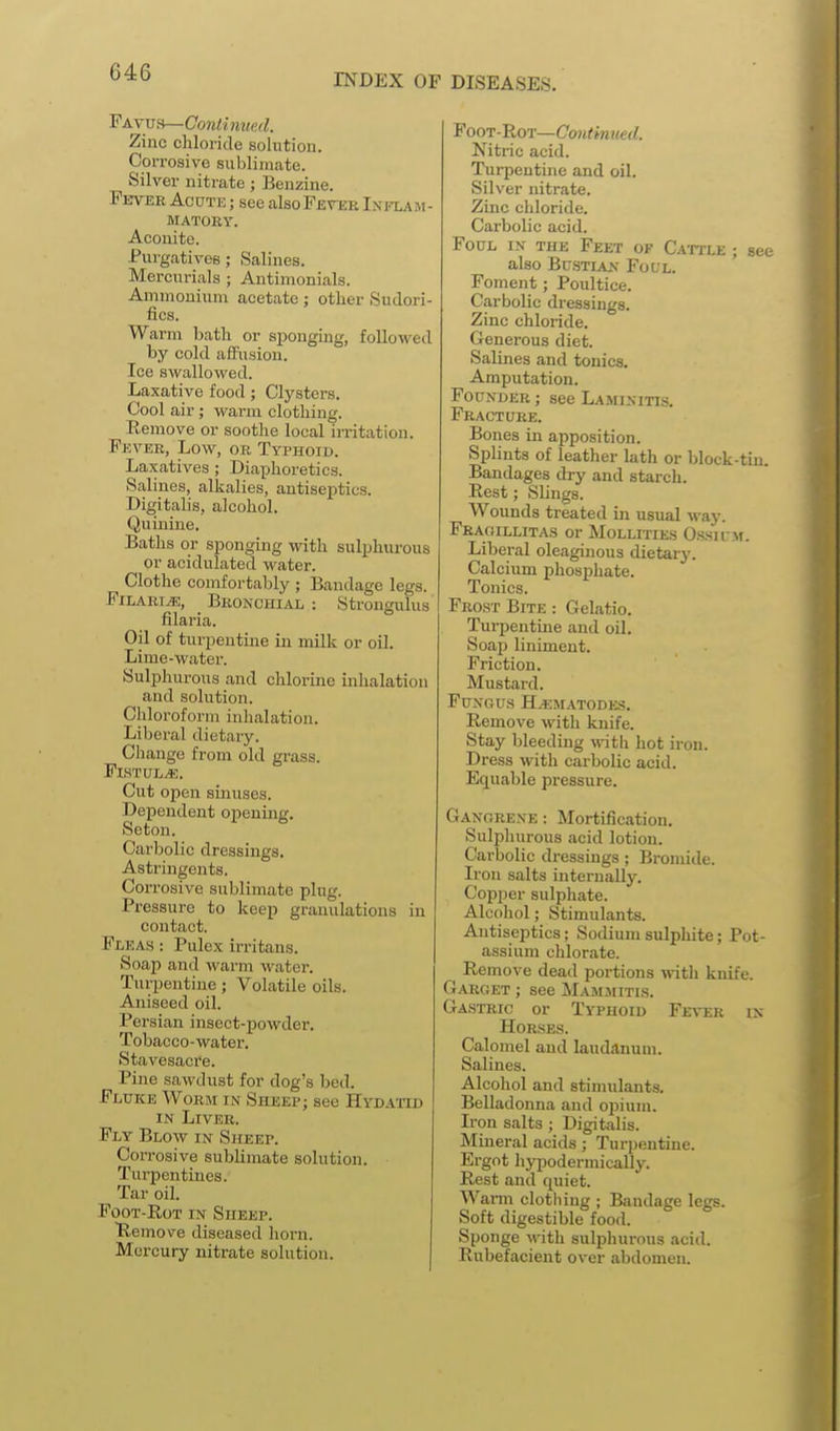 INDEX OF DISEASES. FAvvH—Co7ithme.d. Zinc chloride solution. Corrosive sublimate. Silver nitrate; Benzine. Pkver Acute ; see also Feteb Inflam- matory. Aconite. Purgatives; Salines. Mercurials ; Antimonials. Ammonium acetate; other Sudori- fics. Warm bath or sponging, followed by cold affusion. Ice swallowed. Laxative food ; Clysters. Cool air; warm clothing. Remove or soothe local irritation. Fever, Low, or Typhoid. Laxatives ; Diaphoretics. Salines, alkalies, antiseptics. Digitalis, alcohol. Quinine. Baths or sponging with sulphurous or acidulated water. Clothe comfortably ; Bandage legs. FiLARi^, Bronchial : Strongulus filaria. Oil of turpentine in milk or oil. Lime-water. SuliAurous and chlorine mhalation and solution. Chloroform inhalation. Liberal dietary. Change from old grass. Fistula. Cut open smuses. Dependent ojDening. Setou. Carbolic dressings. Astringents. Corrosive sublimate plug. Pressure to keep granulations in contact. Fleas : Pulex irritans. Soap and warm water. Turpentine; Volatile oils. Aniseed oil. Persian insect-powder. Tobacco-water. Stavesaci'e. Pine sawdust for dog's bed. Fluke Worm in Sheep; see Hydatid IN Liver. Flt Blow in Sheep. Corrosive sublimate solution. Turpentines. Tar oil. Foot-Rot in Sheep. Remove diseased horn. Mercury niti-ate solution. Foot-Rot—Co7itinued. Nitric acid. Turpentine and oil. Silver nitrate. Zinc chloride. Carbolic acid. Foul in the Feet ok Catixe ; see also Bustiajs' Foul. Foment; Poultice. Carbolic dressings. Zinc chloride. Generous diet. Salines and tonics. Amputation. Founder ; see Laminitis. Fracture. Bones in apposition. Splints of leather kth or block-tin. Bandages dry and starch. Rest; Slings. Wounds treated in usual way. Peagillitas or Mollities O.ssium. Liberal oleaginous dietary. Calcium phosphate. Tonics. Frost Bite : Gelatio. Turpentine and oil. Soap liniment. Friction. Mustard. Fungus H^ematodes. Remove with knife. Stay bleeding with hot iron. Dress with carbolic acid. Equable pressure. Gangrene : Mortification. Sulphurous acid lotion. Carbolic dressings; Bromide. Iron salts internally. Copper sulphate. Alcohol; Stimulants. Antiseptics; Sodium sulphite; Pot- assium chlorate. Remove dead portions with knife. Garget ; see Majoiitis. Gastric or Typhoid Fever in HORSES. Calomel and laudanum. Salines. Alcohol and stimulants. Belladonna and oj^ium. Iron salts ; Digitalis. Mineral acids; Turpentine. Ergot hjr^Dodermically. Rest and quiet. Warm clothing ; Bandage legs. Soft digestible food. Sponge with sulphurous acid. Rubefacient over abdomen.