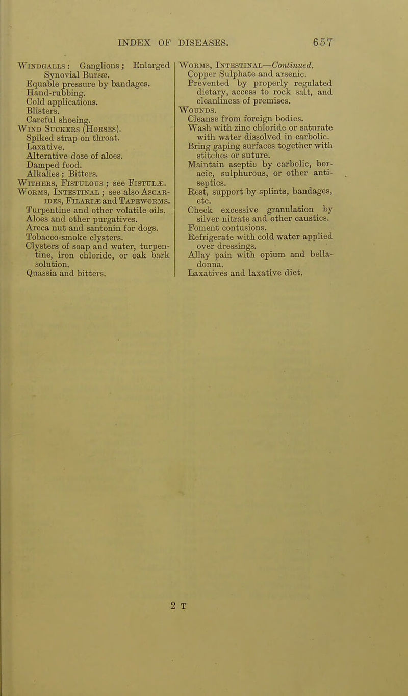 WiNBGALLS: Ganglions; Enlarged Synovial Bursre. Equable pressure by bandages. Hand-rubbing. Cold applications. Blisters. Careful shoeing. Wind Suckers (Horses). Spiked strap on throat. Laxative. Alterative dose of aloes. Damped food. Alkalies; Bitters. Withers, Fistulous ; see Fistula. Worms, Intestinal ; see also Ascar- iDES, FiLARiiE and Tapeworms. Turpentine and other volatile oils. Aloes and other purgatives. Areca nut and santonin for dogs. Tobacco-smoke clysters. Clysters of soap and water, turpen- tine, iron chloride, or oak bark solution. Quassia and bitters. Worms, Intestinal—Continued. Copper Sulphate and arsenic. Prevented by properly regulated dietary, access to rock salt, and cleanliness of premises. Wounds. Cleanse from foreign bodies. Wash with zinc chloride or saturate with water dissolved in carbolic. Bring gaping surfaces together with stitches or suture. Maintain aseptic by carbolic, bor- acic, sulphurous, or other anti- septics. Rest, support by splints, bandages, etc. Check excessive granulation by silver nitrate and other caustics. Foment contusions. Refrigerate with cold water applied over dressings. Allay pain with opium and bella- donna. Laxatives and laxative diet. 2 T