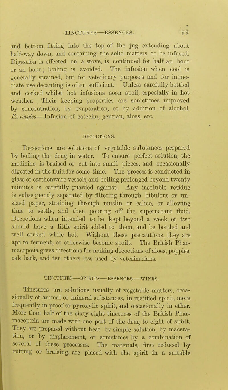 and bottom, fitting into the top of the jug, extending ahout half-way down, and containing the solid matters to be infused. Digestion is effected on a stove, is continued for half an hour or an hour; boiling is avoided. The infusion when cool is generally strained, but for veterinary purposes and for imme- diate use decanting is often sufficient. Unless carefully bottled and corked whilst hot infusions soon spoil, especially in hot weather. Their keeping properties are sometimes improved by concentration, by evaporation, or by addition of alcohol. Examples—Infusion of catechu, gentian, aloes, etc. DECOCTIONS. Decoctions are solutions of vegetable substances prepared by boiling the drug in water. To ensure perfect solution, the medicine is bruised or cut into small pieces, and occasionally digested in the fluid for some time. The process is conducted in glass or earthenware vessels, and boiling prolonged beyond twenty minutes is carefully guarded against. Any insoluble residue is subsequently separated by filtering through bibulous or un- sized paper, straining through muslin or calico, or allowing time to settle, and then pouring off the supernatant fluid. Decoctions when intended to be kept beyond a week or two should have a little spirit added to them, and be bottled and well corked while hot. Without these precautions, they are apt to ferment, or otherwise become spoilt. The British Phar- macopoeia gives directions for making decoctions of aloes, poppies, oak bark, and ten others less used by veterinarians. TINCTURES SPIRITS ESSENCES WINES. Tinctures are solutions usually of vegetable matters, occa- sionally of animal or mineral substances, in rectified spirit, more frequently in proof or pyroxylic spirit, and occasionally in ether. More than half of the sixty-eight tinctures of the British Phar- macopoeia are made with one part of the drug to eight of spirit. They are prepared without heat by simple solution, by macera- tion, or by displacement, or sometimes by a combination of several of these processes. The materials, first reduced by cutting or bruising, are placed with the spuit in a suitable