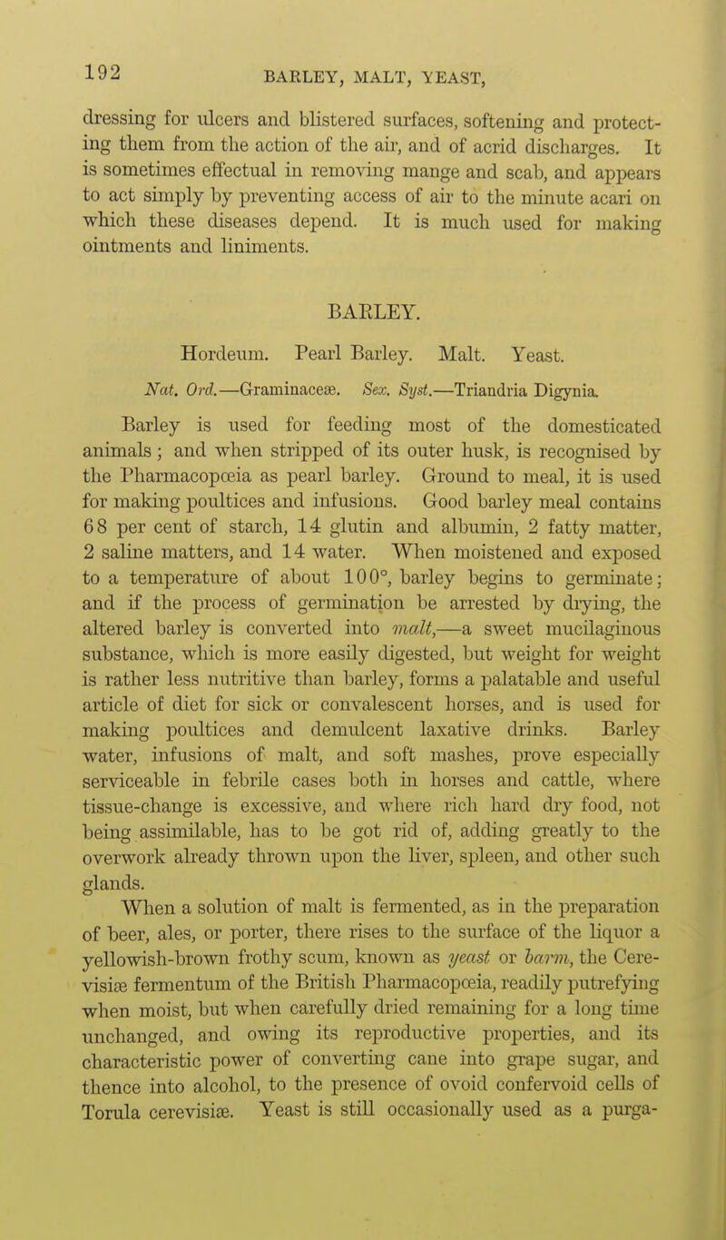 BARLEY, MALT, YEAST, dressing for ulcers and blistered surfaces, softening and protect- ing tliem from the action of the air, and of acrid discharges. It is sometimes effectual in removing mange and scab, and ajDiJears to act simply by preventing access of air to the minute acari on which these diseases depend. It is much iLsed for making ointments and liniments, BAELEY. Hordeum. Pearl Barley. Malt. Yeast. Nat. Ord.—Graminacese. Sex. Syst.—Triandria Digynia Barley is used for feeding most of the domesticated animals; and when stripped of its outer husk, is recognised by the PharmacopcBia as pearl barley. Ground to meal, it is used for making poultices and infusions. Good barley meal contains 68 per cent of starch, 14 glutin and albumin, 2 fatty matter, 2 saline matters, and 14 water. When moistened and exposed to a temperature of about 100°, barley begins to germinate: and if the process of germination be arrested by diying, the altered barley is converted into malt,—a sweet mucilaginous substance, which is more easily digested, but weight for weight is rather less nutritive than barley, forms a palatable and useful article of diet for sick or convalescent horses, and is used for making poultices and demulcent laxative drinks. Barley water, infusions of malt, and soft mashes, prove especially serviceable in febrile cases both in horses and cattle, where tissue-change is excessive, and where rich hard dry food, not being assimilable, has to be got rid of, adding greatly to the overwork abeady thrown upon the liver, spleen, and other such glands. When a solution of malt is fermented, as in the preparation of beer, ales, or porter, there rises to the surface of the liquor a yellowish-brown frothy scum, known as yeast or harm, the Cere- visije fermentum of the British Pharmacopoeia, readily putrefying when moist, but when carefully dried remaining for a long time unchanged, and owing its reproductive properties, and its characteristic power of converting cane into grape sugar, and thence into alcohol, to the presence of ovoid confervoid cells of Torula cerevisice. Yeast is still occasionally used as a purga-