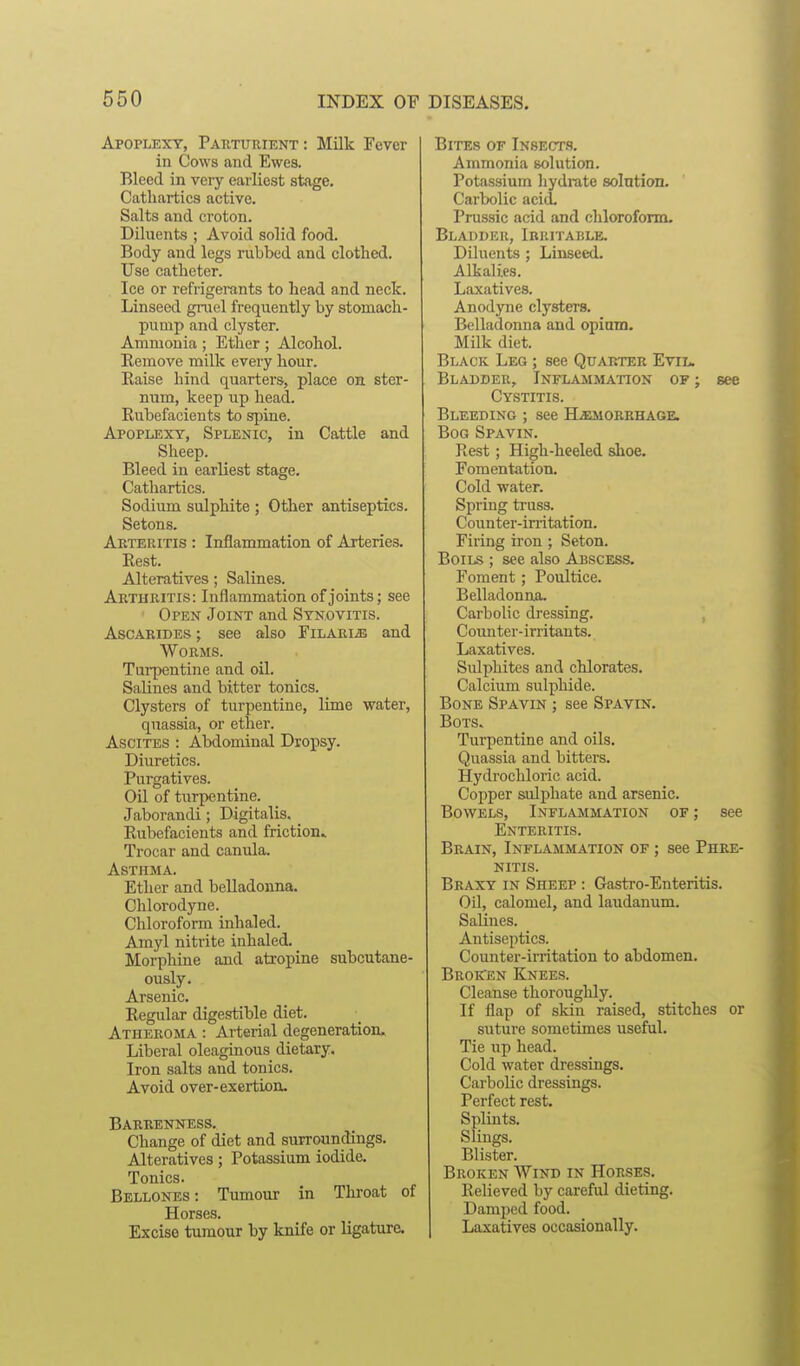 Apoplexy, Parturient : Milk Fever in Cows and Ewes. Bleed in very earliest stage. Cathartics active. Salts and croton. Diluents ; Avoid solid food. Body and legs rubbed and clothed. Use catheter. Ice or refrigerants to head and neck. Linseed gruel frequently by stomach- pump and clyster. Ammonia ; Ether ; Alcohol. Remove milk every hour. Raise hind quarters, place oh ster- num, keep up head. Rubefacients to spine. Apoplexy, Splenic, in Cattle and Sheep. Bleed in earliest stage. Cathartics. Sodium sulphite ; Other antiseptics. Setons. Arteritis : Inflammation of Arteries. Rest. Alteratives; Salines. Arthritis: Inflammation of joints; see Open Joint and Synovitis. AscARiDES; see also FiLARiiE and Worms. Turpentine and oil. Salines and bitter tonics. Clysters of turpentine, Kme water, quassia, or ether. Ascites : Abdominal Dropsy. Diuretics. Purgatives. Oil of turpentine. Jaborandi; Digitalis. _ Rubefacients and friction^ Trocar and canula. Asthma. Ether and belladonna. Chlorodyne. Chloroform inhaled. Amyl nitrite inhaled. Morphine and atropine subcutane- ously. Arsenic. Regular digestible diet. Atheroma : Arterial degeneration. Liberal oleaginous dietary. Iron salts and tonics. Avoid over-exertion. Barrenness. Change of diet and surroundings. Alteratives; Potassium iodide. Tonics. Bellones: Tumour in Throat of Horses. Excise tumour by knife or ligature. Bites of Insect.?. Ammonia solution. Potassium hydrate solution. Carbolic acid. Prussic acid and chloroform. Bladder, Irritable. Diluents ; Linseed. Alkah'.cs. Laxatives. Anodyiie clysters. Belladonna and opium. Milk diet. Black Leg ; see Quarter Evil. Bladder, Inflammation of ; see Cystitis. Bleeding ; see H.emorrhage. Bog Spavin. Rest; High-heeled slioe. Fomentation. Cold water. Spring truss. Counter-in-itation. Firing iron; Seton. Boils ; see also Abscess. Foment; Poultice. Belladonna- Carbolic dressing. , C ovmter- irritants. Laxatives. Sulphites and chlorates. Calcium sulphide. Bone Spavin ; see Spavin. BOTS. Turpentine and oils. Quassia and bitters. Hydrochloric acid. Copper sulphate and arsenic. Bowels, Inflammation of ; see Enteritis. Brain, Inflammation of ; see Phre- NITIS. Braxy in Sheep : Gastro-Enteritis. Oil, calomel, and laudanum. Salines. Antiseptics. Counter-iiTitation to abdomen. BrokTen Knees. Cleanse thorouglily. If flap of skin raised, stitches or suture sometimes useful. Tie up head. Cold water dressings. Carbolic dressings. Perfect rest. Splints. Slings. Blister. Broken Wind in Horses. Relieved by careful dieting. Damped food. Laxatives occasionally.