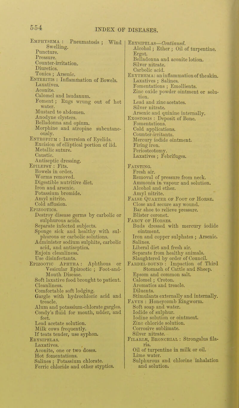 Emphysema : Pneumatosis ; Wind Swelling. Puncture. Pressure. Counter-irritation. Diuretics. Tonics ; Arsenic. Enteritis : Inflammation of Bowels. Laxatives. Aconite. Calomel and laudanum. Foment; Rugs wrung out of hot water. Mustard to abdomen. Anodyne clysters. Belladonna and opium. Morphine and atropine subcutane- ously. Entropittm : Inversion of Eyelids. Excision of elliptical portion of lid. Metallic suture. Caustic. Antiseptic dressing. Epilepsy : Fits. Bowels in order. Worms removed. Digestible nutritive diet. Iron and arsenic. Potassium bromide, Amyl nitrite. Cold affusion. Epizootics. Destroy disease germs by carbolic or sulphurous acids. Separate infected subjects. Sj)onge sick and healthy with sul- phurous or carbolic solutions. Administer sodium sulphite, carbolic acid, and antiseptics. Enjoin cleanliness. Use disinfectants. Epizootic Aphtha : Aphthous or Vesicular Epizootic ; Foot-and- Mouth Disease. Soft laxative food brought to patient. Cleanliness. Comfortable soft lodging. Gargle with hydrochloric acid and treacle. Alum and potassium-chlorate gargles. Condy's fluid for mouth, udder, and feet. Lead acetate solution. Milk cows frequently. If teats tender, use syphon. Erysipelas. Laxatives. Aconite, one or two doses. Hot fomentations. Salines ; Potassium chlorate. Ferric chloride and other styptics. Erysipelas—Continued. Alcohol; Ether ; Oil of turpentine. Ergot. Belladonna and aconite lotion. Silver nitrate. Carbolic acid. Erythema: an inflammation of theskin. Laxatives ; Salines. Fomentations ; Emollients. Zinc oxide powder ointment or solu- tion. Lead and zinc acetates. Silver nitrate. Arsenic and quinine internally. Exostosis : Deposit of Bone. Fomentations. Cold applications. Counter-irritants. Mercury iodide ointment. Firing iron. Periosteotomy. Laxatives ; Febiifuges, Fainting. Fresh air. Eemoval of pressure from neck. Ammonia in vapom- and solution. Alcohol and ether. Amyl nitrite. False Quarter of Foot of Horse, Close and secure any wound. Bar shoe to relieve pressure. Blister coronet. Farcy of Horses. Buds dressed with mercury iodide ointment. Iron and cojjper sulphates ; Arsenic, Salines. Liberal diet and fresh air. Separate from healthy animals. Slaughtered by order of Council. Fardel-bound : Impaction of Third Stomach of Cattle and Sheep, Epsom and common salt. Calomel ; Croton. Aromatics and treacle. Diluents. Stimulants externally and internally. Favus : Honeycomb Eingworm. Soft soap and water. Iodide of sulphur. lodiue solution or ointment. Zinc chloride solution. Corrosive sublimate. Silver nitrate. FiLARi^, Bronchial : Strongalus fila- ria. Oil of turpentine in milk or oil. Lime water. Sulphurous and chlorine inhalation and solution.