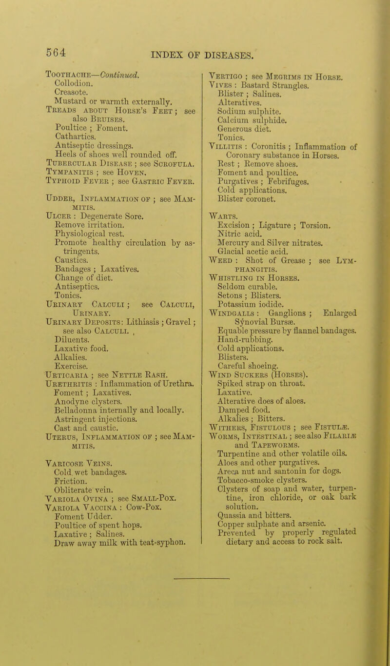 Tooth AcnE—Continued. Collodion. Creasote. Mustard or warmth externally. Treads atjout House's Feet ; see also Bruises. Poultice ; Foment. Cathartics. Antiseptic dressings. Heels of shoes well rounded off. Tubercular Disease ; see Scrofula. Tympanitis ; see Hoven. Typhoid Fever ; see Gastric Fever. Udder, Inflammation of ; see Mam- MITIS. Ulcer : Degenerate Sore. Remove irritation. Physiological rest. Promote healthy circulation by as- tringents. Caustics. Bandages ; Laxatives. Change of diet. Antiseptics. Tonics. Urinary Calculi ; see Calculi, Urinary. Urinary Deposits: Lithiasis ; Gravel; see also Calculi. , Diluents. Laxative food. Alkalies. Exercise. Urticaria ; see Nettle Rash. Urethritis : Inflammation of Urethra. Foment ; Laxatives. Anodyne clysters. Belladonna internally and locally. Astringent injections. Cast and caustic. Uterus, Inflammation of ; see Mam- MITIS. Varicose Veins. Cold wet bandages. Friction. Obliterate vein. Variola Ovina ; see Small-Pox. Variola Vaccina : Cow-Pox. Foment Udder. Poultice of spent hops. Laxative; Salines. Draw away mUk with teat-syphon. Vertigo ; see Megrims in Horse. ViVES : Bastard Strangles. Blister ; Salines. Alteratives. Sodium sulphite. Calcium suljjhide. Generous diet. Tonics. ViLLiTis : Coronitis ; Inflammation of Coronary substance in Horses. Rest ; Remove shoes. Foment and poultice. Purgatives ; Febrifuges. Cold applications. Blister coronet. Warts. Excision ; Ligature ; Torsion. Nitric acid. Mercury and Silver nitrates. Glacial acetic acid. Weed : Shot of Grease ; see Lym- phangitis. Whistling in Horses, Seldom curable. Setons ; Blisters. Potassium iodide. Windgalls : Ganglions ; Enlarged Synovial Bursas. Equable pressure by flannel bandages. Hand-rubbing. Cold applications. Blisters. Careful shoeing. Wind Suckers (Horses). Spiked strap on throat. Laxative. Alterative does of aloes. Damped food. Alkalies; Bitters. Withers, Fistulous ; see Fistuls. Worms, Intestinal ; see also FiLARiiE and Tapeworms. Turpentine and other volatile oUs. Aloes and other purgatives. Areca nut and santonin for dogs. Tobacco-smoke clysters. Clysters of soap and water, turpen- tine, iron chloride, or oak bark solution. Quassia and bitters. Copper sulphate and arsenic. Prevented by properly regulated dietary and access to rock salt.