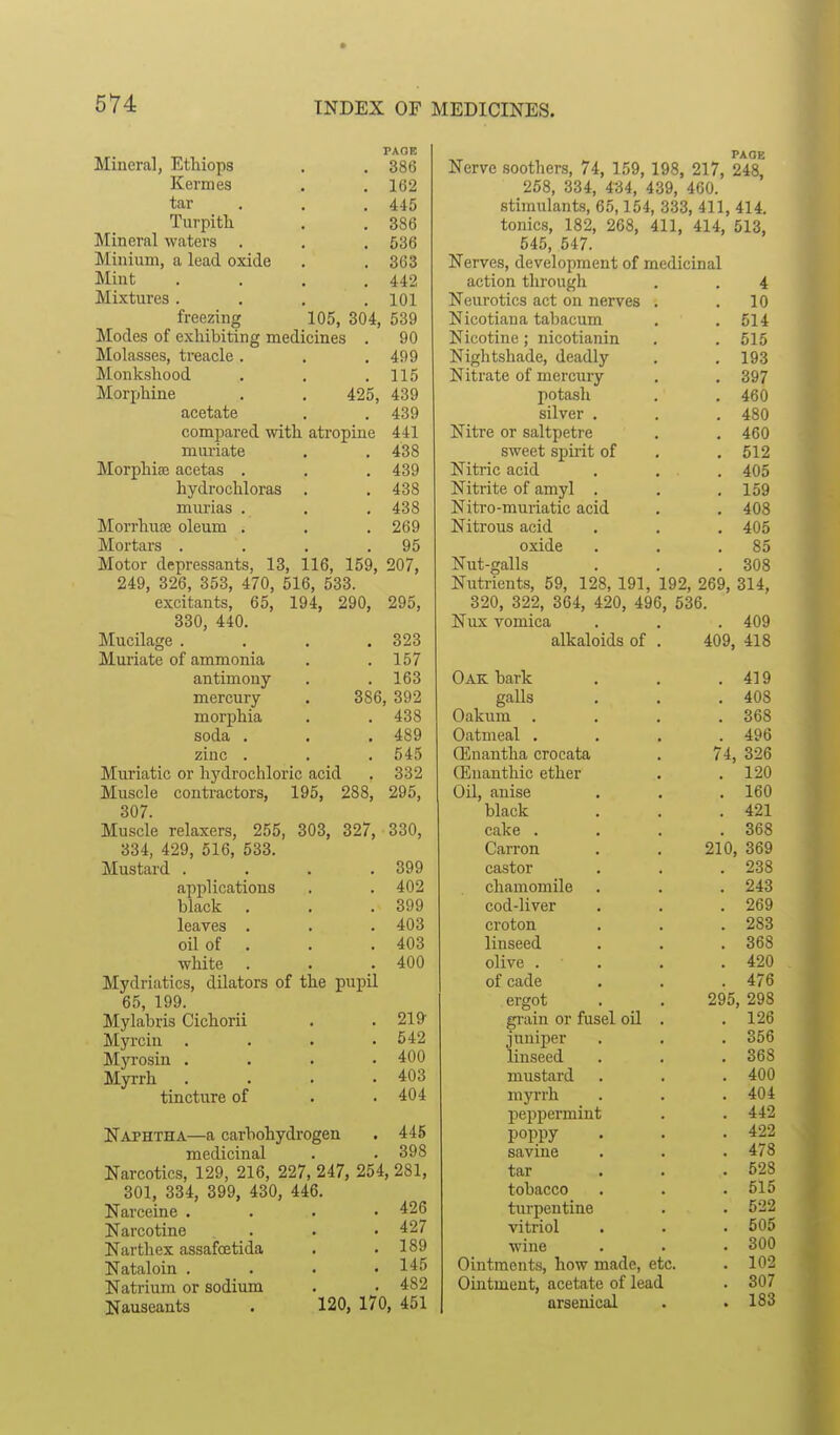 PAGE Mineral, Ethiops . . 386 Kermes . . 162 tar . . . 445 Turpitli . . 386 Mineral waters . . . 636 Minium, a lead oxide . . 363 Mint .... 442 Mixtures. . . .101 freezing 105, 304, 539 Modes of exhibiting medicines . 90 Molasses, treacle . . . 499 Monkshood . . .115 Morxjhine . . 425, 439 acetate . . 439 compared with atropine 441 muriate . ,438 Morphise acetas . , . 439 hydrochloras . . 438 murias . . . 438 Morrhuae oleum . , .269 Mortars . . . .95 Motor depressants, 13, 116, 159, 207, 249, 326, 353, 470, 516, 533. excitants, 65, 194, 290, 295, 330, 440. Mucilage . , . .323 Muriate of ammonia antimony mercury morphia soda . zinc . Muriatic or hydrochloric acid Muscle conti'actors, 195, 288 307. Muscle relaxers, 255 334, 429, 516, 533. Mustard . applications black leaves . oil of white Mydriatics, dilators of the pupil 65, 199. Mylabris Cichorii Myrcin . Myrosin . Myrrh tincture of . 157 . 163 386, 392 . 438 . 489 . 645 . 332 295, 303, 327, 330, 399 402 399 403 403 400 219- 542 400 403 404 Naphtha—a carbohydrogen . 445 medicinal . . 398 Narcotics, 129, 216, 227, 247, 254, 281, 301, 334, 399, 430, 446. Narceine .... 426 Narcotine Narthex assafoetida Nataloin . Natrium or sodium Nauseants 427 189 145 482 120, 170, 451 PACK Nerve soothers, 74, 159, 198, 217, 248, 268, 334, 4'34, 439, 460. stimulants, 65,154, 333, 411, 414. tonics, 182, 268, 411, 414, 613, 546, 547. Nerves, development of medicinal action through . . 4 Neurotics act on nerves . .10 Nicotian a tabacum . .514 Nicotine; nicotianin . . 515 Nightshade, deadly . . 193 Nitrate of mercury . .397 potash . . 460 silver . . . 480 Nitre or saltpeti-e . . 460 sweet spirit of , . 612 Nitric acid . , . 405 Nitrite of amyl . . .159 Nitro-muriatic acid . . 408 Nitrous acid . . . 405 oxide . . .85 Nut-galls . . .308 Nutrients, 59, 128, 191, 192, 269, 314, 320, 322, 364, 420, 496, 536. Nux vomica alkaloids of Oak bark galls Oakum . Oatmeal . Qiuantlia crocata Qinanthic ether Oil, anise black cake . Carron castor chamomile cod-liver croton linseed olive . of cade ergot grain or fusel oil juniper linseed mustard myrrh peppermint poppy savine tar tobacco turpentine vitriol wine Ointments, how made, etc. Ointment, acetate of lead arsenical 409, 409 418 74, 210, 419 408 368 496 326 120 160 421 368 369 238 . 243 . 269 . 283 . 368 . 420 . 476 295, 298 , 126 . 356 . 368 . 400 . 404 . 442 . 422 . 478 . 528 . 515 . 522 . 505 , 300 . 102 . 307 . 183