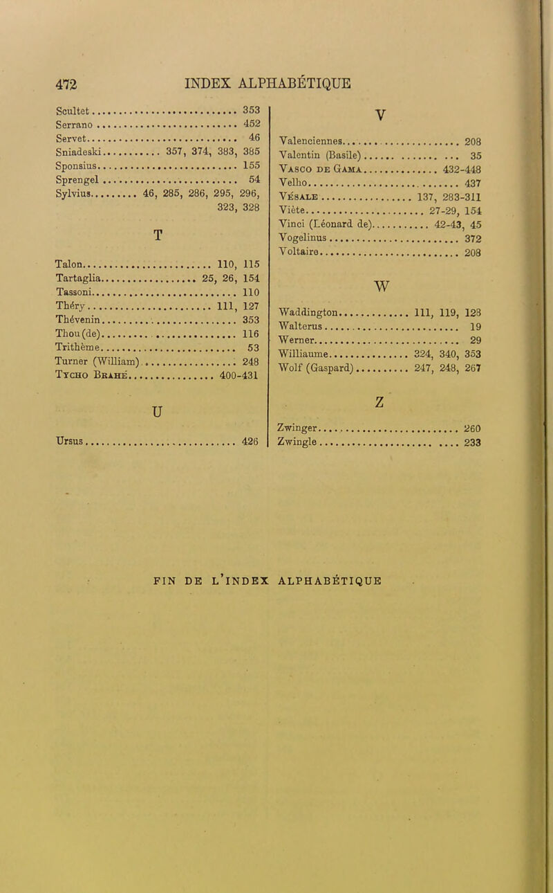Scultet 353 Serrant) 452 Servet 46 Sniadeski 357, 374, 383, 385 Sponsius 155 Sprengel 54 Sylvius 46, 285, 286, 295, 296, 323, 328 Talon 110, 115 Tartaglia 25, 26, 154 Tassoni 110 Théry 111, 127 Thévenin 353 Thou(de) 116 Trithème 53 Turner (William). 248 Ttcho Bbahé 400-431 U Ursus. 426 Valenciennes 208 Valentin (Basile) 35 Vasco de Gama 432-448 Velho 437 Vésale 137, 283-311 Viète 27-29, 154 Vinci (Léonard de) 42-43, 45 Vogelinus 372 Voltaire 208 w Waddington 111, 119, 128 Walterus 19 Werner 29 Williaunie 324, 340, 353 Wolf (Gaspard) 247, 248, 267 z Zwinger 260 Zwingle 233 FIN DE L'INDEX ALPHABÉTIQUE