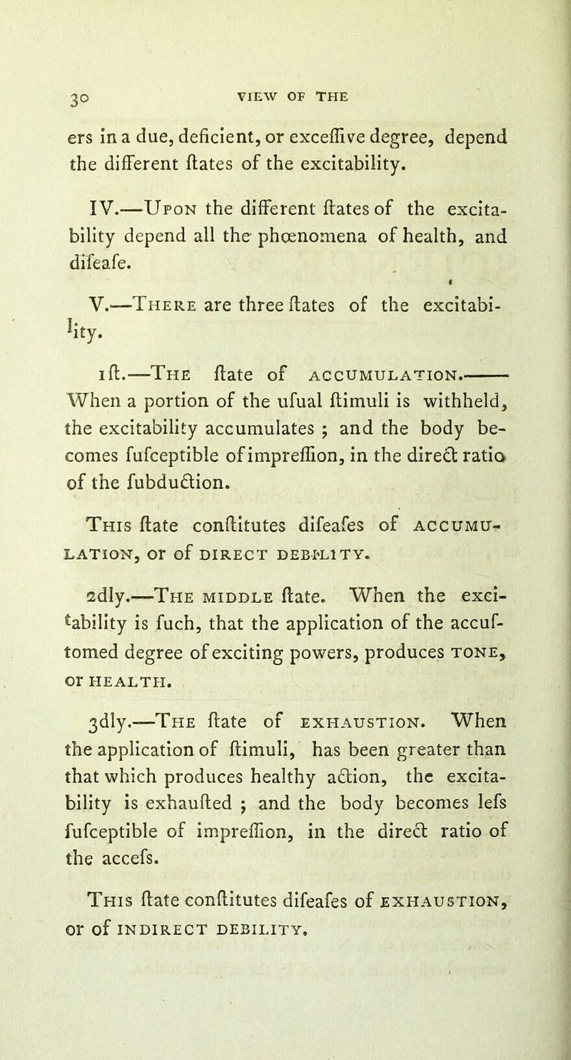 3° ers in a due, deficient, or exceflive degree, depend the different dates of the excitability. IV. —Upon the different dates of the excita- bility depend all the phcenomena of health, and difeafe. « V. —There are three dates of the excitabi- lity. id.—The date of accumulation. When a portion of the ufual dimuli is withheld, the excitability accumulates ; and the body be- comes fufceptible of impredion, in the direct ratio of the fubdu&ion. This date conditutes difeafes of accumu- lation, or of DIRECT DEBILITY. 2dly.—The middle date. When the exci- tability is fuch, that the application of the accuf- tomed degree of exciting powers, produces tone, or HEALTH. 3dly.—The date of exhaustion. When the application of dimuli, has been greater than that which produces healthy adtion, the excita- bility is exhauded ; and the body becomes lefs fufceptible of impredion, in the direct ratio of the accefs. This date conditutes difeafes of exhaustion. Or of INDIRECT DEBILITY,