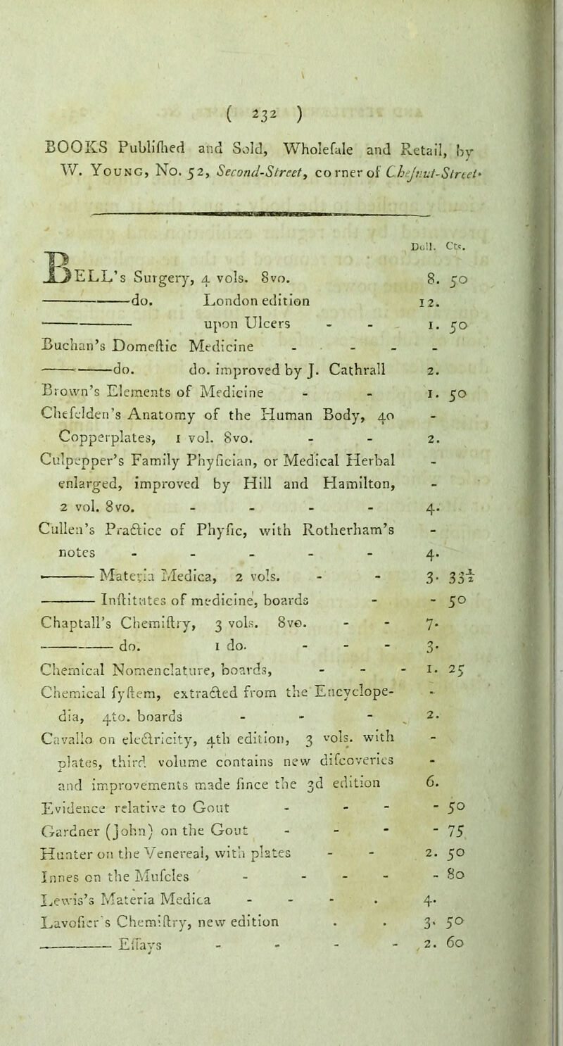 BOOKS Publifhed and Sold, Wholefale and Retail, by W. Young, No. 52, Second-Street, co rner of Chejv.ut-Street‘ Dull. Cits. XlELL’s Surgery, 4 vols. 8vo. 8. 50 do. London edition 12. upon Ulcers - - 1. 50 Buchan’s Domeftic Medicine - ... do. do. improved by J. Cathrall 2. Bi own’s Elements of Medicine - - 1. 50 Chefelden’s Anatomy of the Human Body, 40 Copperplates, 1 vol. 8vo. - - 2. Culpepper’s Family Phyfician, or Medical Herbal enlarged, improved by Hill and Hamilton, 2 vol. 8 vo. .... 4. Cullen’s Practice of Phyfic, with Rotherham’s notes ..... 4. * Mategia Medica, 2 vols. 3. 33i; Inflitntes of medicine, boards - - 50 Chaptall’s Chemiftry, 3 vols. 8ve. - - 7. do. 1 do. 3- Chemical Nomenclature, boards, - - -1.2c Chemical fyftem, extradled from the itncyclope- dia, 4to. boards - Cavallo on ele&ricity, 4th edition, 3 vols. with plates, third volume contains new difcoverics and improvements made fince the 3d edition 6. Evidence relative to Gout - - ~ 5° Gardner (John) on the Gout - - - - 75 Hunter on the Venereal, with plates - - 2. 50 Innes on the Mufcles - ... - 80 Lewis’s Materia Medica - 4- Lavoficr’s Chemiftry, new edition . . 31 5° EtTays - - - - 2. 60