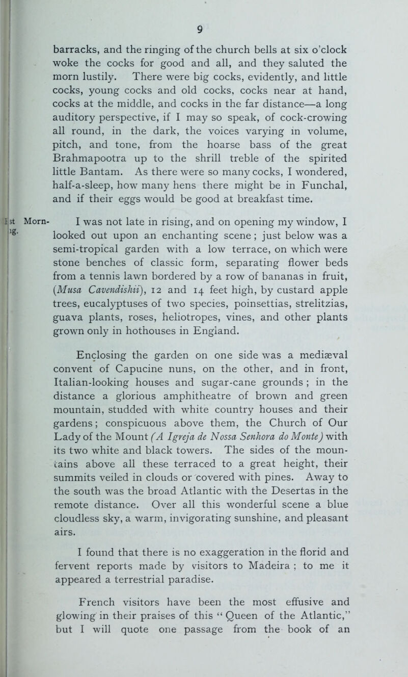 Morn- barracks, and the ringing of the church bells at six o’clock woke the cocks for good and all, and they saluted the morn lustily. There were big cocks, evidently, and little cocks, young cocks and old cocks, cocks near at hand, cocks at the middle, and cocks in the far distance—a long auditory perspective, if I may so speak, of cock-crowing all round, in the dark, the voices varying in volume, pitch, and tone, from the hoarse bass of the great Brahmapootra up to the shrill treble of the spirited little Bantam. As there were so many cocks, I wondered, half-a-sleep, how many hens there might be in Funchal, and if their eggs would be good at breakfast time. I was not late in rising, and on opening my window, I looked out upon an enchanting scene ; just below was a semi-tropical garden with a low terrace, on which were stone benches of classic form, separating flower beds from a tennis lawn bordered by a row of bananas in fruit, [Musa Cavendishii), 12 and 14 feet high, by custard apple trees, eucalyptuses of two species, poinsettias, strelitzias, guava plants, roses, heliotropes, vines, and other plants grown only in hothouses in England. Enclosing the garden on one side was a mediaeval convent of Capucine nuns, on the other, and in front, Italian-looking houses and sugar-cane grounds ; in the distance a glorious amphitheatre of brown and green mountain, studded with white country houses and their gardens; conspicuous above them, the Church of Our Lady of the Mount (A Igreja de Nossa Senhova do Monte) with its two white and black towers. The sides of the moun- tains above all these terraced to a great height, their summits veiled in clouds or covered with pines. Away to the south was the broad Atlantic with the Desertas in the remote distance. Over all this wonderful scene a blue cloudless sky, a warm, invigorating sunshine, and pleasant airs. I found that there is no exaggeration in the florid and fervent reports made b}^ visitors to Madeira ; to me it appeared a terrestrial paradise. French visitors have been the most effusive and glowing in their praises of this “ Queen of the Atlantic,” but I will quote one passage from the book of an
