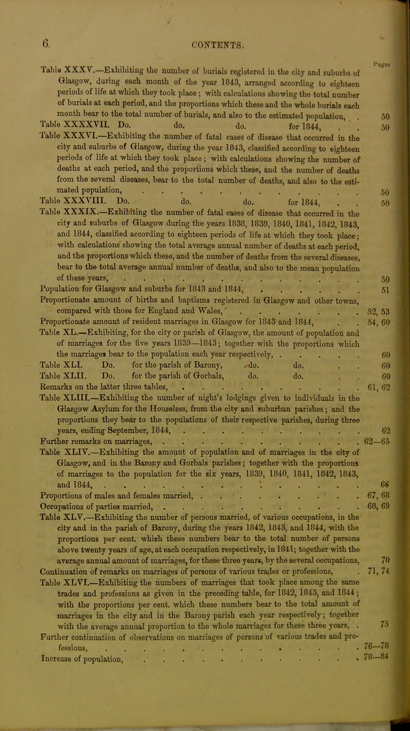 'L’lkblo XXXV.—Exhibiting the number of burials registered in the city and suburbs of Glasgow, during each month of the year 1843, arranged according to eighteen poriods of life at which they took place; with calculations showing the total number of burials at each period, and the proportions which these and the whole burials each month bear to the total number of burials, and also to the estimated population, Table XXXXVII. Do. do. do. for 1844, lable XXXVI.—Exhibiting the number of fatal cases of disease that occurred in the city and suburbs of Glasgow, during the year 1843, classified according to eighteen periods of life at which they took place ; with calculations showing the number of deaths at each period, and the proportions which these, and the number of deaths from the several diseases, bear to the total number of deaths, and also to the esti- mated population, Table XXXVIII. Do. do. do. for 1844, , Table XXXIX.—Exhibiting the number of fatal cases of disease that occurred in the city and suburbs of Glasgow during the yearn 1838, 1839, 1840, 1841, 1842, 1843, and 1844, classified according to eighteen periods of life at which they took place; with calculations showing the total average annual number of deaths at each period, and the proportions which these, and the number of deaths from the several diseases, bear to the total average annual number of deaths, and also to the mean population of these years, . ... Population for Glasgow and suburbs for 1843 and 1844, Proportionate amount of births and baptisms registered in Glasgow and other towns, compared with those for England and Wales, ’ Proportionate amount of resident marriages in Glasgow for 1843 and 1844, Table XL.—Exhibiting, for the city or parish of Glasgow, the amount of population and of marriages for the five years 1839—1843; together with the proportions which the marriages bear to the population each year respectively, Table XLI. Do. for the parish of Barony, ✓do. do. Table XLII. Do. for the parish of Gorbals, do. do. Remarks on the latter three tables, Table XLIII.—Exhibiting the number of night’s lodgings given to individuals in the Glasgow Asylum for the Houseless, from the city and suburban parishes; and the proportions they bear to the populations of their respective parishes, during three years, ending September, 1844, Further remarks on marriages, Table XLIV.—Exhibiting the amount of population and of marriages in the city of Glasgow, and in the Barony and Gorbals parishes; together with the proportions of marriages to the population for the six years, 1839, 1840, 1841, 1842, 1843, and 1844, Proportions of males and females married, Occupations of parties married, Table XLV.—Exhibiting the number of persons married, of various occupations, in the city and in the parish of Barony, during the years 1842, 1843, and 1844, with the proportions per cent, which these numbers bear to the total number of persons above twenty years of age, at each occupation respectively, in 1841; together with the average annual amount of marriages, for these three years, by the several occupations, Continuation of remarks on marriages of persons of various trades or professions, Table XLVI.—Exhibiting the numbers of marriages that took place among the same trades and professions as given in the preceding table, for 1842, 1843, and 1844; with the proportions per cent, which these numbers bear to the total amount of marriages in the city and in the Barony parish each year respectively; together with the average annual proportion to the whole marriages for these three years, . Further continuation of observations on marriages of persons of various trades and pro- fessions, • Increase of population, . Pages 50 50 50 50 50 51 52, 53 54, 60 60 60 60 61, 62 62 62—65 66 67, 68 68, 69 70 71,74 75 76—78 78—84