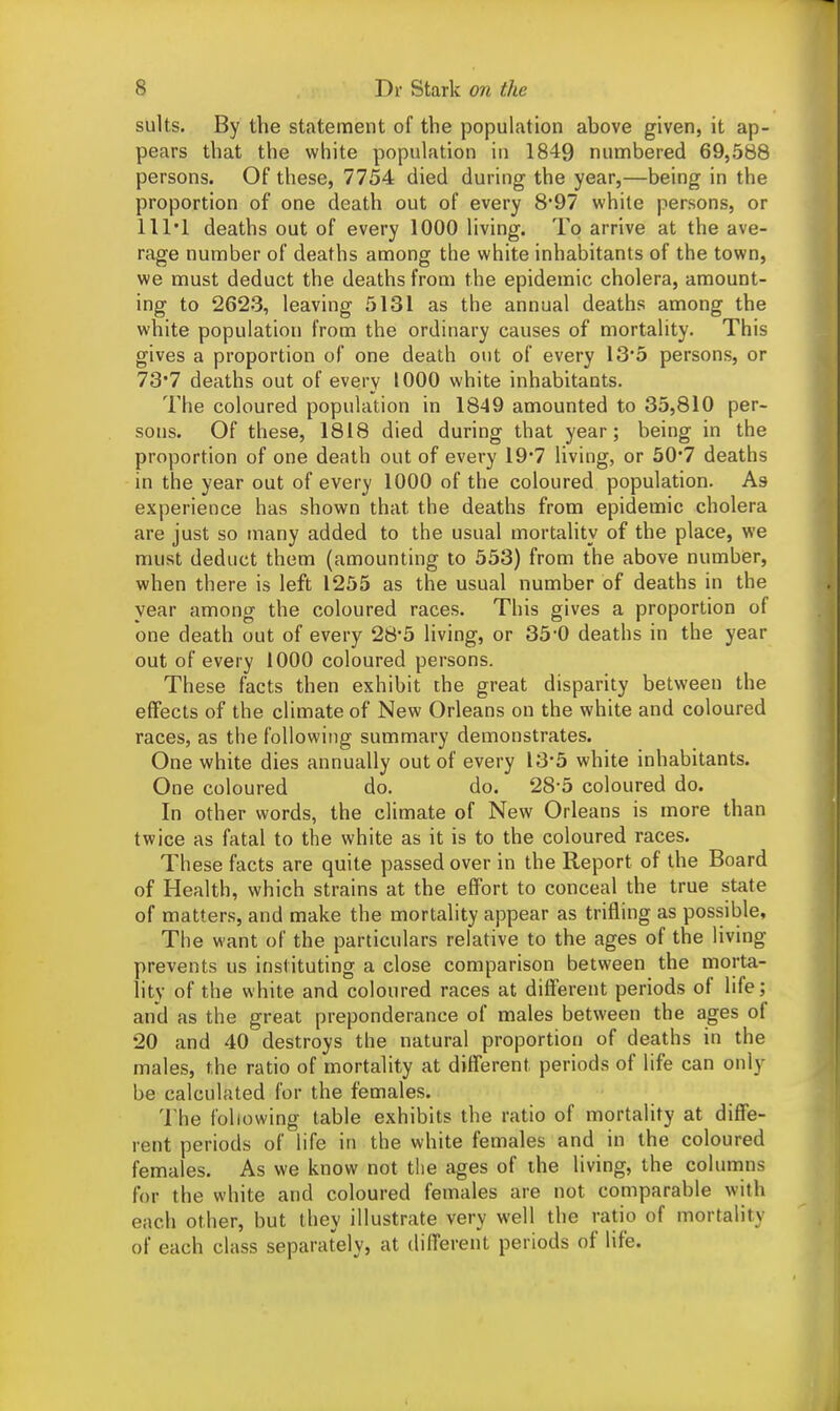 suits. By the statement of the population above given, it ap- pears that the white population in 1849 numbered 69,588 persons. Of these, 7754 died during the year,—being in the proportion of one death out of every 8*97 white persons, or 111*1 deaths out of every 1000 living. To arrive at the ave- rage number of deaths among the white inhabitants of the town, we must deduct the deaths from the epidemic cholera, amount- ing to 2623, leaving 5131 as the annual deaths among the white population from the ordinary causes of mortality. This gives a proportion of one death out of every 13*5 persons, or 73*7 deaths out of every 1000 white inhabitants. The coloured population in 1849 amounted to 35,810 per- sons. Of these, 1818 died during that year; being in the proportion of one death out of every 19*7 living, or 50*7 deaths in the year out of every 1000 of the coloured population. As experience has shown that the deaths from epidemic cholera are just so many added to the usual mortality of the place, we must deduct them (amounting to 553) from the above number, when there is left 1255 as the usual number of deaths in the year among the coloured races. This gives a proportion of one death out of every 28*5 living, or 35-0 deaths in the year out of every 1000 coloured persons. These facts then exhibit the great disparity between the effects of the climate of New Orleans on the white and coloured races, as the following summary demonstrates. One white dies annually out of every 13*5 white inhabitants. One coloured do. do. 28-5 coloured do. In other words, the climate of New Orleans is more than twice as fatal to the white as it is to the coloured races. These facts are quite passed over in the Report of the Board of Health, which strains at the effort to conceal the true state of matters, and make the mortality appear as trifling as possible, The want of the particulars relative to the ages of the living prevents us instituting a close comparison between the morta- lity of the white and coloured races at different periods of life; and as the great preponderance of males between the ages of 20 and 40 destroys the natural proportion of deaths in the males, the ratio of mortality at different periods of life can only be calculated for the females. The following table exhibits the ratio of mortality at diffe- rent periods of life in the white females and in the coloured females. As we know not the ages of the living, the columns for the white and coloured females are not comparable with each other, but they illustrate very well the ratio of mortality of each class separately, at different periods of life.