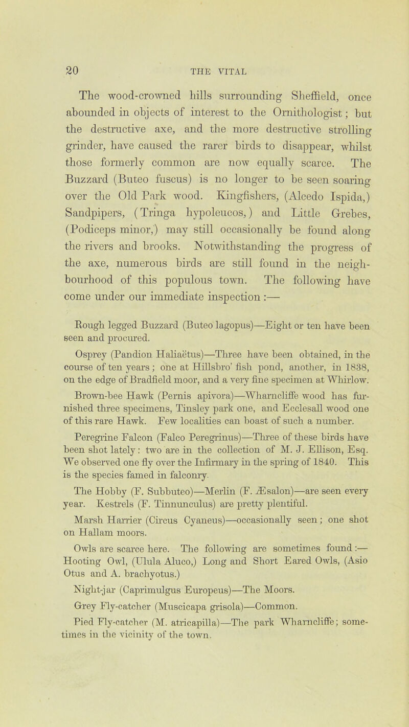 The wood-crowned hills surrounding SheflBeld, once abounded in objects of interest to the Ornithologist; hut the destructive axe, and the more destructive strolhng grinder, have caused the rarer birds to disappear, wliilst those formerly common are now equally scarce. The Buzzard (Buteo fuscus) is no longer to be seen soaring over the Old Park wood. Kingfishers, (Alcedo Ispida,) Sandpipers, (Tringa hypoleucos,) and Little Grebes, (Pochceps minor,) may still occasionally be found along the rivers and brooks. Notwithstanding the progress of the axe, numerous birds are still found in the neigh- bourhood of tliis populous town. The following have come under our immediate inspection :— Kough legged Buzzai'd (Buteo lagopus)—Eight or ten have been seen and procured. Osprey (Pandion Haliaetus)—Three have been obtained, in the course of ten yeai’s; one at Hillshro’ fish jjond, anotlier, in 1838, on the edge of Bradfield moor, and a veiy fine specimen at Whu-low. Brown-hee Hawk (Pemis apivora)—Whamcliffe wood has fin-- nished tluee specimens, Tinsley park one, and Ecclesall wood one of tliis rare Hawk. Few localities can lioast of such a number. Peregiine Falcon (Falco Peregi’inus)—Thi’ee of these birds have been shot lately: two are in the collection of M. J. Ellison, Esq. We observed one fly over the Infinnary in the spring of 1840. This is tlie species famed in falcomy. The Hobby (F. Subbuteo)—Merlin (F. salon)—are seen eveiy yeai’. KesUels (F. Tinnunculus) ai’e pretty plentifid. Marsh Hander (Cu'cus Cyaneus)—occasionally seen; one shot on Hallam moors. Owls are scarce here. The following are sometimes foimd :— Hootmg Owl, (Ulula Aluco,) Long and Short Eai'ed Owls, (Asio Otus and A. brachyotus.) Night-jar (Caprimidgus Europeus)—The Moors. Grey Fly-catcher (Muscicapa gidsola)—Common. Pied Fly-catcher (M. atiicapilla)—Tlie park Whamcliffe; some- times in the vicinity of the town.