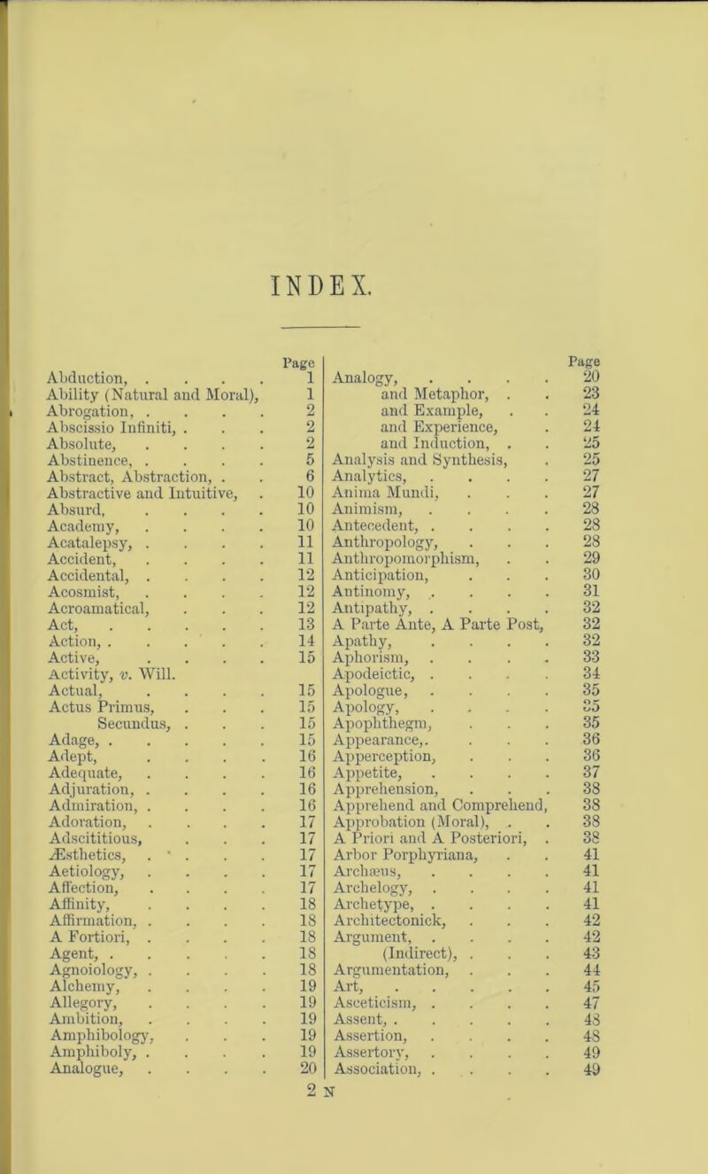 INDEX. Page Page Abduction. . • • • 1 Analogy, .... 20 Ability (Natural and Moral), 1 and Metaphor, . 23 Abrogation, . 2 and Example, 24 Abscissio Inflniti, 2 and Experience, 24 Absolute, 2 and Induction, . 25 Abstinence, . 5 Analysis and Synthesis, 25 Abstract, Abstraction, . 6 Analytics, .... 27 Abstractive and Intuitive, 10 Anima Mundi, 27 Absurd, 10 Animism, .... 28 Academy, 10 Antecedent, .... 28 Acatalepsy, . 11 Anthropology, 28 Accident, 11 Anthropomorphism, 29 Accidental, . 12 Anticipation, 30 Acosmist, 12 Antinomy, .... 31 Acroamatical, 12 Antipathy, .... 32 Act, 13 A Parte Ante, A Parte Post, 32 Action, . 14 Apathy, .... 32 Active, 15 Aphorism, .... 33 Activity, v. Will. Apodeictic, .... 34 Actual, 15 Apologue, .... 35 Actus Primus, 15 Apology, .... 35 Secundus, 15 Apophthegm, 35 Adage, . 15 Appearance,. 36 Adept, 16 Apperception, 36 Adequate, 16 Appetite, .... 37 Adjuration, . 16 Apprehension, 38 Admiration, . 16 Apprehend and Comprehend, 38 Adoration, 17 Approbation (Moral), , 38 Adscititious, 17 A Priori and A Posteriori, . 38 .Esthetics, . • 17 Arbor Porphyriana, 41 Aetiology, 17 Archteus, .... 41 Affection, 17 Archelogy, .... 41 Affinity, 18 Archetype, .... 41 Affirmation, . 18 Architectonick, 42 A Fortiori, . 18 Argument, .... 42 Agent, . 18 (Indirect), . 43 Agnoiology, . 18 Argumentation, 44 Alchemy, 19 Art, 45 Allegory, 19 Asceticism, .... 47 Ambition, 19 Assent, 48 Amphibology, 19 Assertion, .... 48 Amphiboly, . 19 Assertory, .... 49 Analogue, 20 Association, .... 49
