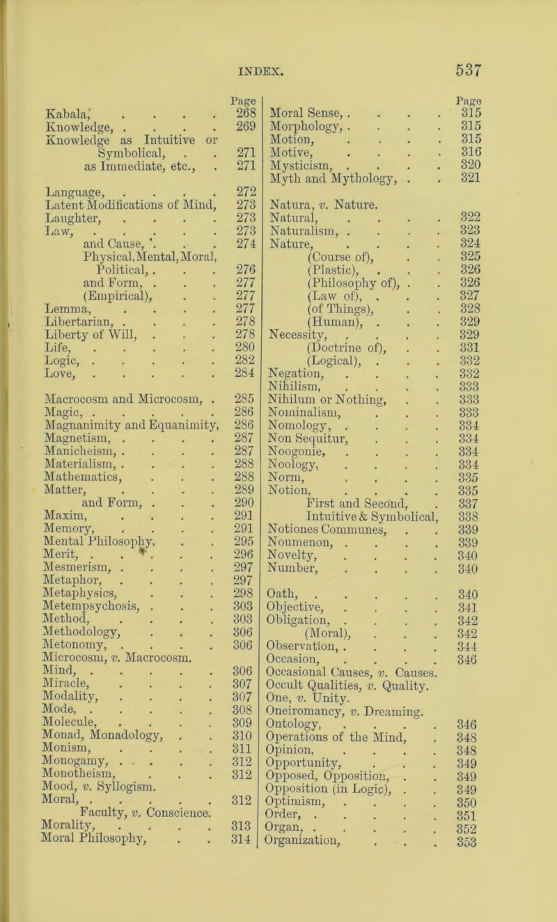 Page Kabak; . ... 268 Knowledge, .... 269 Knowledge as Intuitive or Symbolical, . . 271 as Immediate, etc., . 271 Language, . . . .272 Latent Modifications of Mind, 273 Laughter, .... 273 Law, 273 and Cause, . . 274 Physical, Mental, Moral, Political,. . . 276 and Form, . . . 277 (Empirical), . . 277 Lemma, .... 277 Libertarian, . . . .278 Liberty of Will, . . .278 Life, 280 Logic, 282 Love, 284 Macrocosm and Microcosm, . 285 Magic, 286 Magnanimity and Equanimity, 286 Magnetism, .... 287 Manicheism, .... 287 Materialism, .... 288 Mathematics, . . . 288 Matter, .... 289 and Form, . . . 290 Maxim, .... 291 Memory, .... 291 Mental Philosophy, . . 295 Merit, . . *. . .296 Mesmerism, .... 297 Metaphor, .... 297 Metaphysics, . . . 298 Metempsychosis, . . . 303 Method, .... 303 Methodology, . . . 306 Metonomy, .... 306 Microcosm, v. Macrocosm. Mind, 306 Miracle, .... 307 Modality, .... 307 Mode, 308 Molecule, .... 309 Monad, Monadology, . . 310 Monism, .... 311 Monogamy, 312 Monotheism, . . . 312 Mood, v. Syllogism. Moral, 312 Faculty, v. Conscience. Morality, .... 313 Moral Philosophy, . . 314 Tage Moral Sense,.... 315 Morphology, .... 315 Motion, . . . .315 Motive, .... 316 Mysticism, .... 320 Myth and Mythology, . . 321 Natura, v. Nature. Natural, .... 322 Naturalism, .... 323 Nature, .... 324 (Course of), . . 325 (Plastic), . . . 326 (Philosophy of), . . 326 (Law of), . . . 327 (of Things), . . 328 (Human), . . . 329 Necessity, .... 329 (Doctrine of), . . 331 (Logical), . . . 332 Negation, .... 332 Nihilism, .... 333 Nihilum or Nothing, . . 333 Nominalism, . . . 333 Nomology, .... 334 Non Sequitur, . . . 334 Noogonie, .... 334 N oology, .... 334 Norm, .... 335 Notion, .... 335 First and Second, . 337 Intuitive & Symbolical, 338 Notiones Communes, . . 339 Noumenon, .... 339 Novelty, .... 340 Number, .... 340 Oath, 340 Objective, .... 341 Obligation, .... 342 (Moral), . . . 342 Observation, .... 344 Occasion, .... 346 Occasional Causes, v. Causes Occult Qualities, v. Quality. One, v. Unity. Oneiromancy, v. Dreaming. Ontology 346 Operations of the Mind, . 348 Opinion 348 Opportunity, . . . 349 Opposed, Opposition, . . 349 Opposition (in Logic), . . 349 Optimism, .... 350 Order 351 Organ, 352 Organization, . . . 353