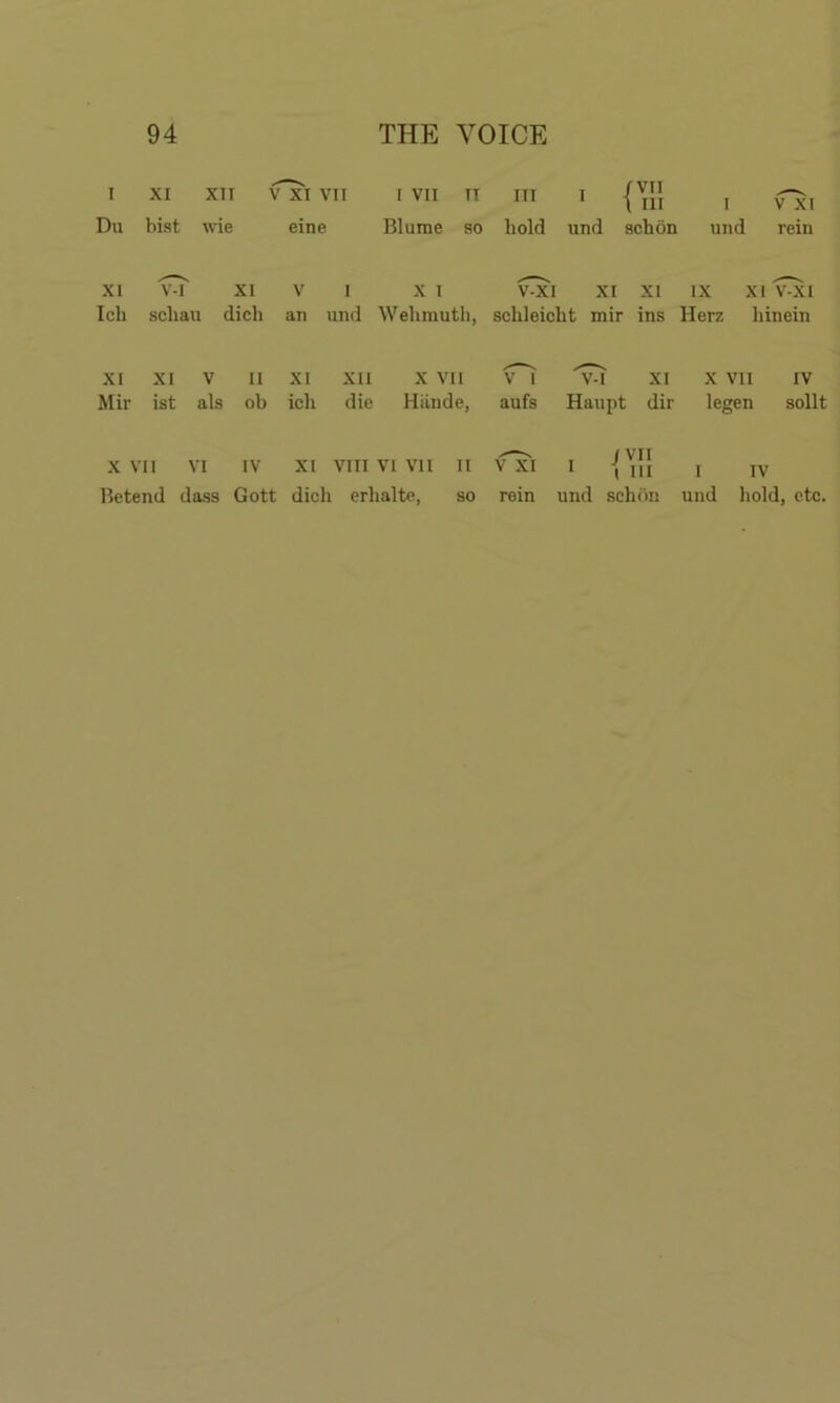 1 XI XII vxi VII I VII II III • ^ r vii i in I v-XI Du bist wie eine Blume so hold und i schbn und rein XI VI XI V I X I VOCI XI XI IX XI VOCI Ich scliau dich an und Wehmuth, schleicht mir ins Herz liinein XI XI V II XI XII X VII v~i 'Vi XI X VII IV Mir ist als ob ich die Hiinde, aufs Haupt dir legen sollt X VII VI IV XI VIII VI VII 11 v”xi /VII 1 i III I IV Betend dass Gott dich erlialte, so rein und schda und hold, etc.