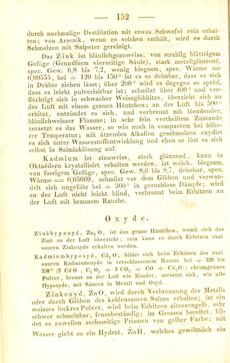 tliirch nochmalige Destination mit etwas Scliwefel rein erhal- ten; von Arsenik, wenn es solclien entliiilt, wird es durcli Schmelzen mit Salpeter gereinigt. Das Zink ist bliiulichgrauweiss, von strahlig blattrigem Gefuge (Giundform vierseitige Saule), stark raetallglanzend, spec. Gew. 6,8 bis 7,2, wenig biegsam, spec. Warme == 0 0955.5, bei + 120 bis 150“ ist es so dehnbar, dass es sicb in Drahte ziehen liisst; iiber 200“ wird es dagegen so sprod, dass es leicht pulverisirbar ist; scbmilzt uber 400“ und ver- fliichtigt sich in schwacher Weissgliihhitze, uberzielit sicU an der Luft mit einem grauen Hautchen; an der Luft bis o erhitzt, entziindet es sich, und verbrennt mit blendender, blauliclnveisser Flamme; in sehr fein vertheiltem Zustan e zersetzt es das Wasser, so wie auch in compactem bet hohe- rer Temperatur; mit atzenden Alkalien geschmolzen oxydiri es sich unter VVasserstoffentwicklung und eben so lost es sich selbst in Salraiaklosung auf. Kadmium ist zinnweiss, stark gliinzend, kann in Oktaedern krystallisirt erhalten werden, ist wcich biegsam, von fasrigem Gefuge, spec. Gew. 8,6 bis 8,-, dehnhar, spec. Wiirme = 0,0.5669, schmilzt vor dem Gluhen und versvan- delt sich ungefiihr bei + 560“ in geruchlose Dauipfe; wird an der Luft nicht leicht blind, verbrennt beim Erlutzen an der Luft mit braunem Raiiche. 0 X y (I c. ZinkliypoKyd, Zu,0, i.st das gra.ic Hautchc.., wonut sich das Zink an der Luft iibcrzieht ; rein kann es durch trhilzen oxal siiurcii Ziiikoxyds crhultcn ^^‘crtlc^. Kadmiuinhypoxyd, Cd, O, bildet sich brim ErhiUen des o«1 saurcn Kadminmowds in vcrschlossencm Itanmc bci 4- 320 b.s 3.a0“ (2 CdO . C,()3 + 3 CO, + CO + Cd,0 ■, chrompruncs Pulvcr, brennt an der Lnft «ie Zander, zersetzt sich, wic alle Hypoxydc, mit Sanren in Melall niid Oxyd. Zinkoxyd, ZnO, wird durch Verbrenming des .Metalls Oder durch Glfihen des kohlensnuren Salzes erhalten; ist cin weisses lockres Pulver, wird beim Krhitz^n C.lronenge b schr schw-er schmclzbar, feuerbestand.g; itn ^ dot cs zuwcilen scchsseitigc Vrismen von gelber Varbe, Wasser gicbt cs cin Hydrat, ZnH, welches gewohnUch ein