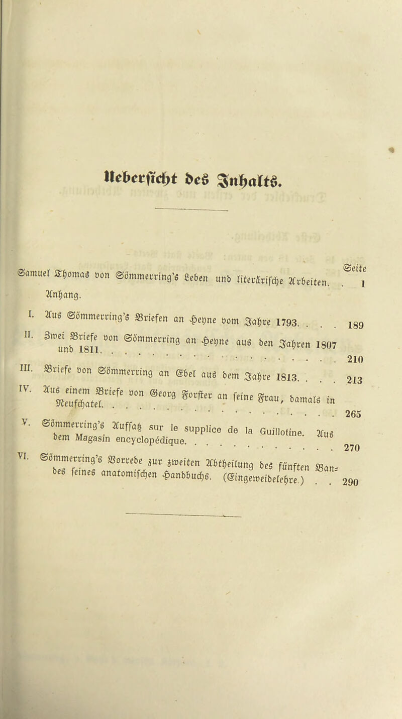 ©cite 1 ©amuet Sfjomas non ©cSmmemng’6 Se&en unb UtevSvifdje Xvbeiten. 2Cnfjang. I. Xus ©ommerang’g SBviefen an £et;ne com Sa^rc 1793. . 5su °°n ®5mmea'in9 an ***« ««« 3a$ttn 1807 IH. SSrtefc non ©ommerang an ®bel aug bem 3a^e 1813. $IV' ®“9 Snf « feiM 8“- fc««« fn V- St**. *Um Sm Ie “PP»~ *° -a Guillofine.* *„ bem Magasjn encyclop6dique. . . VI. ©Smmerctng’S SJorcebe m miteu Vbt1)eilm bes funften 25an- b fetncg anatomtfcfjen £anbbucf)g. (@tngemetbele$re.) . . 290 189 210 213 265 270