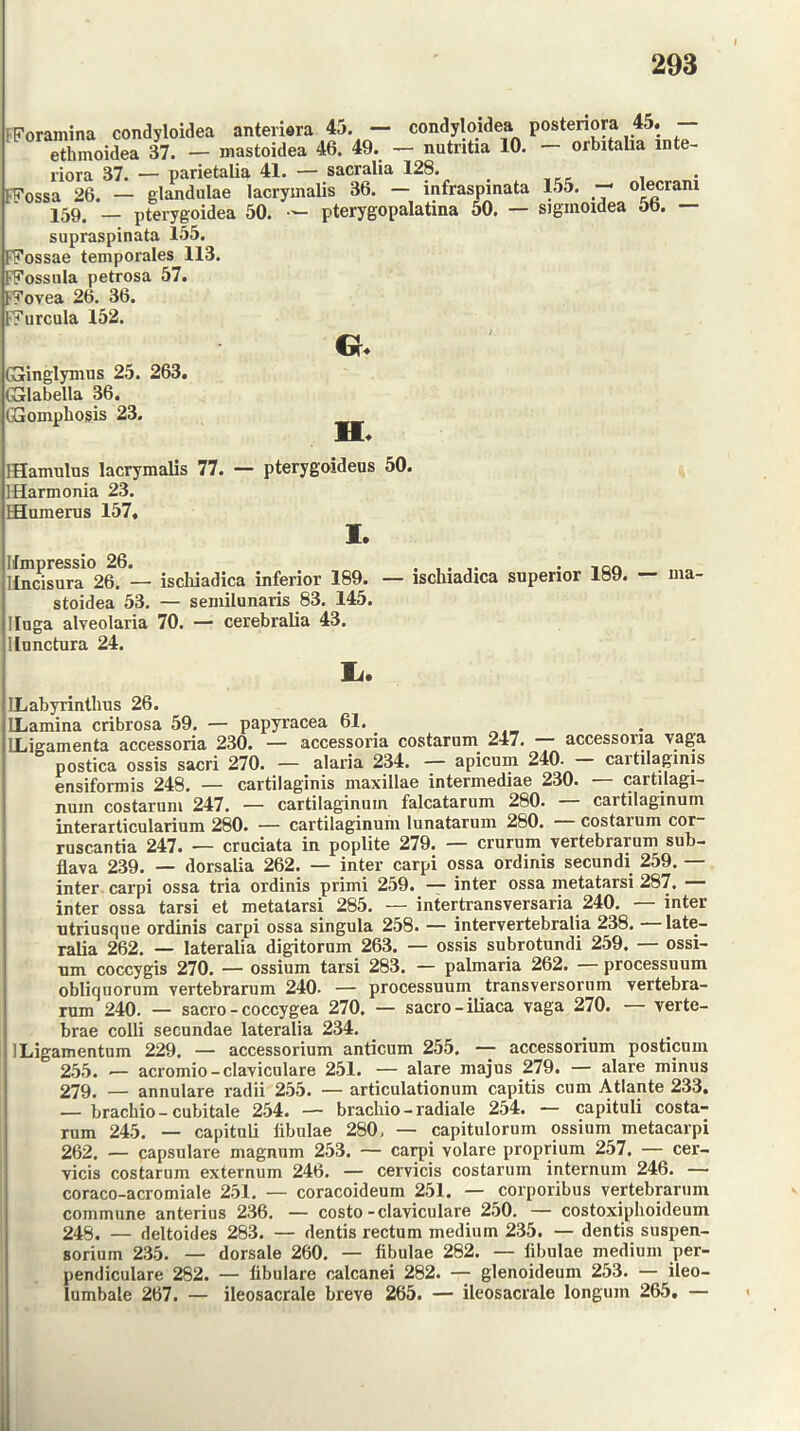 i Foramina condyloidea anteriora 45. — condyloidea posteriory 45. ethmoidea 37. — mastoidea 46. 49. — nutntia 10. orbitaha mte- riora 37. — parietalia 41. — sacralia 128. < FFossa 26. — glandulae lacrymalis 36. — infraspinata 155. — olecram 159. — pterygoidea 50. — pterygopalatina 50. — siginoidea 56. — supraspinata 155. FFossae temporales 113. FFossnla petrosa 57. FFovea 26. 36. FFurcula 152. GSinglymus 25. 263. (Glabella 36. GGoinphosis 23. a ii. — ischiadica superior 189. — ma- FHamulus lacrymalis 77. — pterygoideus 50. lHarmonia 23. Iflumerus 157, I. Ifmpressio 26. Ilncisura 26. — iscliiadica inferior 189. stoidea 53. — semilunaris 83. 145. I Inga alveolaria 70. — cerebralia 43. llunctura 24. Ii. ILabyrinthus 26. ILamina cribrosa 59. — papyracea 61. LLigamenta accessoria 230. — accessoria costarum 247. — accessoria vaga postica ossis sacri 270. — alaria 234. — apicum 240. caitilaginis ensiformis 248. — cartilaginis maxillae intermediae 230. — cartilagi- num costarum 247. — cartilaginuin falcatarum 280. — cartilaginum interarticularium 280. — cartilaginum lunatarum 280. — costarum cor- ruscantia 247. — cruciata in poplite 279. — crurum vertebrarum sub- flava 239. — dorsalia 262. — inter carpi ossa ordiriis secundi 259. — inter carpi ossa tria ordinis primi 259. — inter ossa metatarsi 287. — inter ossa tarsi et metatarsi 285. — intertransversaria 240. — inter utriusque ordinis carpi ossa singula 258. — intervertebralia 238. late- ralia 262. — lateralia digitorum 263. — ossis subrotundi 259, — ossi- um coccygis 270. — ossium tarsi 283. — palmaria 262. processuum obliquorum vertebrarum 240. — processuum transversorum vertebra- rum 240. — sacro-coccygea 270, — sacro-iliaca vaga 270. verte- brae colli secundae lateralia 234. ILigamentum 229, — accessorium anticum 255, — accessorium posticum 255. >— acromio-claviculare 251. — alare majus 279. — alare minus 279. — annulare radii 255. — articulationum capitis cum Atlante 233. — brachio - cubitale 254. — brackio - radiale 254. — capituli costa- rum 245. — capituli iibulae 280, — capitulorum ossium metacarpi 262. — capsulare magnum 253. — carpi volare proprium 257. — cer- vicis costarum externum 246. — cervicis costarum internum 246. — coraco-acromiale 251. — coracoideum 251. — corporibus vertebrarum commune anterius 236. — costo-claviculare 250. — costoxiphoideum 248. — deltoides 283. — dentis rectum medium 235. — dentis suspen- sorium 235. — dorsale 260. — fibulae 282. — fibulae medium per- pendiculare 282. — fibulare calcanei 282. — glenoideum 253. — ileo- lumbale 267. — ileosacrale breve 265. — ileosacrale longum 265. —