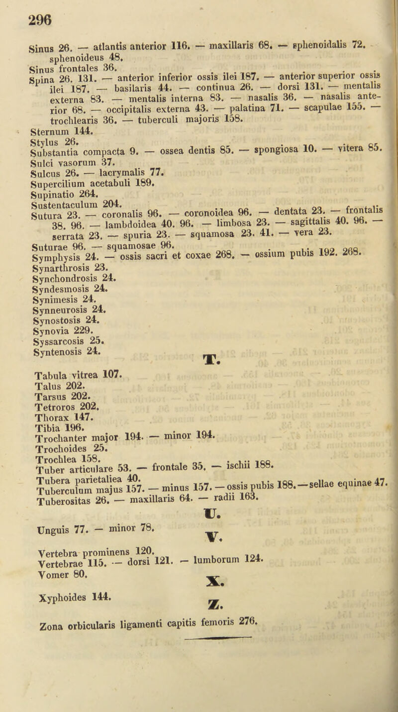 Sinus 26. — atlantis anterior 116. — maxillaris 68. — ephenoidalis 72. sphenoideus 48, Sinus frontales 36. . ... Snina 26. 131. — anterior inferior ossis llei 187. — anterior superior ossis 1 ilei 187. — basilaris 44. — continua 26. — dorsi 131. — mentalis externa 83. — mentalis interna 83. — nasalis 36. — nasalis ante- rior 68. — occipitalis externa 43. — palatina 71. — scapulae 155. trochlearis 36. — tuberculi majoris 158. Sternum 144. Stylus 26. . ., Qe Substantia compacta 9. — ossea dentis 85. — spongiosa 10. vitera 85. Sulci vasorum 37. Sulcus 26. — lacrymalis 77. Supercilium acetabuli 189. Supinatio 264. Sustentaculum 204. , , oa Sutura 23. — coronalis 96. — corononlea 96. — dentata 23. — frontalis 38. 96. _ lambdoidea 40. 96. — limbosa 23. — sagittahs 40. 9b. serrata 23. — spuria 23. — squamosa 23. 41. — yera 23. Suturae 96. — squamosae 96. . Symphysis 24. — ossis sacri et coxae 2b8, — ossium pubis 192. 268. Synarthrosis 23. Synchondrosis 24. Syndesmosis 24. Synimesis 24. Synneurosis 24. Synostosis 24. Synovia 229. Syssarcosis 25. Syntenosis 24. JL • Tabula vitrea 107. Talus 202. Tarsus 202. Tetroros 202. Thorax 147. Tibia 196. _ . Trochanter major 194. — minor 194. Trochoides 25. Trochlea 158. ,qq Tuber articulare 53. — frontale 35. lsclm 188. mtjS UJ. - min.s 157. - pubis 188,-sellae equma« 47. Tuberositas 26. — maxillaris 64. — radii Ibd. Unguis 77. - minor 78. Vertebra prominens 120. Vertebrae 115. — dorsi 121. Vomer 80. Xyphoides 144. 1J. V. — lumborum 124. X. z. Zona orbicularis ligamenti capitis femoris 276.