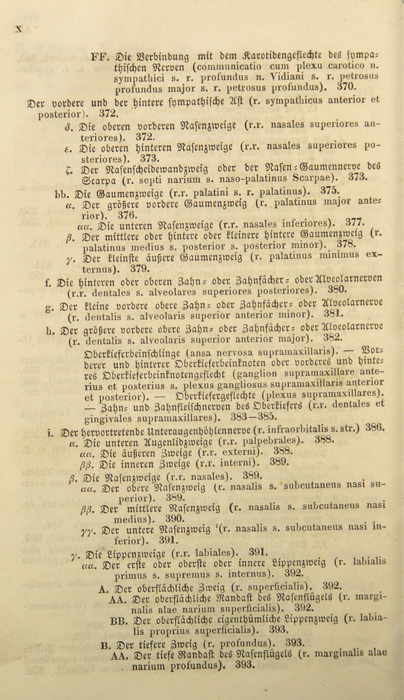 FF. ®ie aSetbinbung mit bem Jtacotiben9efled)te be6 fippaj t^ifd[)en ^etoen (comumnicatio cam plexu carotico n. sympatliici s. r. profundus n. Vidiani s. r. petrosus profundus major s. r. petrosus profundus). 370. Sec corbere unb bee .^intece f9mpat^ifd>e 3Cjt (r. sympatliicus anterior et posterior). 372, d. Ste obecen coeberen Sflafensweige (r.r. nasales superiores an- teriores). 372. e. Sie obecen ^intecen 9lafenjweige (r.r. nasales superiores po- steriores). 373. „ , c , f. Sec 5flafenfd)eibewanbstt>etg obec bee Silafen s ©aumennecoe beg (Scarpa (r. septi narium s. naso-palatinus Scarpae). 373. bb. Ste ©aumensweige (r.r. palatini s. r. palatinus). 375. a. Sec gcb^ece corbece ©aumenjmeig (r. palatinus major ante* aa. Sie untecen Slafenjwetge (r.r. nasales inferiores). 377. /3. Sec mittlere obec ^intere obec fletnece t)i_ntere ©aumenjwetg (r. palatinus medius s. posterior s. posterior minor). 378. y. Sec !leinjtc du^ece ©aumenswetg (r. palatinus minimus ex- ternus). 379. f. 35ie t)tntccen obec obecen 3at)ns obec 3®()nfdd)eri obec Tfloeolacneroen (r.r. dentales s, alveolares superiores posteriores). 380. g. 25ec Heine oorbece obece 3al)ns obec 3n^nf^(beC' obec Tfloeolarnecoe (r. dentalis s. alveolaris superior anterior minor). 381. b. Sec gcbfece cocbece obece 3nt)ns obec 3n^nfdd)ecs obec Tfloeolacnecoe (r. dentalis s. alveolaris superior anterior major), 382. Dberfiefecbetnfd)linge (ansa nervosa supramaxillaris). becec unb binterec DbecHefecbeinlnoten obec ootbereg unb reg Dbec!iefecbein!notengefled)t (ganglion supramaxillare ante- rius et posterius s. plexus gangliosus supramaxillaris anterior et posterior). — DberEiefecgefled)te (plexus supramaxillares). — 3at)n; unb 3abnfletfd)neccen beg SbecEiefeeg (r.r. dentales et gingivales supramaxillares). 383—385. i. ®ec becooctcetenbe Untecaugenbbblennecoe (r. infraorbitalis s. str.) 386. a. Sie untecen Tfugenlibsmeige (r.r. palpebrales). 388. ««. Sie dupecen 3n)£i9f (^'-r- extern!). 388. /S/3. Sie innecen interni). 389. 8. Sie iJlafeniweige (r.r. nasales). 389. ««. Sec obece Stafenjmeig (r, nasalis s. subcutaneus nasi su- perior). 389. /S/S. Sec mittlece 9iafenjn)eig (r. nasalis s. subcutaneus nasi medius). 390. . . yy. 25ec untece 9lafenjtt)eig *(r. nasalis s. subcutaneus nasi in- ferior). 391. y. Sie Sippenjweige (r.r, labiales). 391. , ,. ««. Sec eepe obec obecfle obec innece Sippeniweig (r. labialis primus s. suprenius s. internus). 392. A. ®ec obecfidcblicbe 3>t»eig (r, superficialis). 392. AA. Sec oberfIdd)lid)e SSanbafl beg giafenflugelg (r, margi- nalis alae narium superficialis). 392. BB. Sec obecf[dd)lid)e eigentbiimUdbe Sippenjweig (r. labia- lis proprius superficialis). 393. B, Sec tiefece 3n)eig (r. profundus). 393. AA. Sec tiefe SJanbajl beg 9lafenflugelg (r. margmalis alae narium profundus). 393.