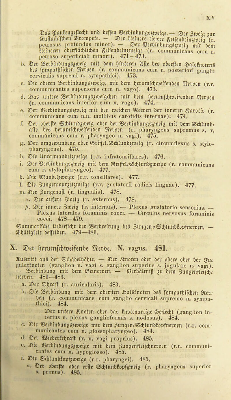 9)aufcn9eflc(3)t unb bcffen SBetbinbungg^wefgc.— ®cr ^met'a pr guftacbtfcbcn Svompetc. — ®cr Eleincrc ttefere gelfenbetnjwetg (r. petrosus profundus minor). — 3)er SSerbinbunggjmeig mit bem fieincren obctfldcbltcben gelfenbeinjwefgc (r. comihunicans cum r. petroso superficiali minori). 471 — 473. b. ®er aSerbinbunggjivefg mit bem ()tntcren 2fjle beS oberjten Jpatgfnoteng beg fpmpatt)ifd)en 9tcroen (r. communicans cum r. posteriori ganglii cervicalis supremi n. sympathici). 473. c. ®tc obeccn SSerbtnbunggjmctge mit bem t)crumfdf)tt)etfenben Slewen (r.r. communicantes superiores cum n. vago). 473. d. 35ag untcre SSerbinbunggjweigd)en mit bem ^erumf^meifenben S^erpcn (r. communicans inferior cum n, vago). 474. e. S)er SBerbinbunggjmetg mit ben metdien 0^erpen ber tnneren .KarotiS (r. communicans cum n.n. mollibus carotidis internae). 474. f. S)er oberjle @d)lunbjmeig ober ber 58erbinbung6jmefg mit bem ©^lunbs ofte beg bf'^uw’Wtt’eifenbcn iRerren (r. pliaryngeus supremus s. r. communicans cum r. pharyngeo n. vagi). 475. g. ©er umgemunbene ober ®riffel:©d)lunbitt)eig (r. circumflexus s. stylo- pliaryngeus). 475. li, 2){e Untermanbetjmeigc (r.r. infratonsillares). 476. i. 35er SBerbinbunggjmeig mit bem ®riffels©d)lunbimetge (r. communicans cum r. stylopharyngeo). 477. k. ®ic Slianbeljmcige (r.r, tonsillares). 477. l. ®ie 3ungenmurjetjmeige (r.r. gustatorii radicis linguae). 477. m. S)er 3ungenajl (r. lingualis). 478. «, Ser dufere 3»eig (r. externus). 478. p. 35er innere Smeig (r. internus). — Plexus gustatorio-sensorius. — Plexus laterales foraminis coeci. — Circulus nervosus foraminis coeci. 478—479. (Summarifcbe Ueberficbt ber SBerbreitung be6 3ungens©d)lunbfopfnerpen. — S:^dtigfeit befTelben. 479—481. X. S)er ()erumfd)tt)eifenbe S'icrue. N. vagus. 481. Jfu^tritt auS ber ©d)dbcl{)6btc. — ®er .Knoten ober ber obere ober ber Suj gutarEnoten (ganglion n. vagi s. ganglion superius s. jugulare n. vagi). — aSerbinbung mit bem SSetneroen. — SSerMltnip ju bem Bungenfieif*; nerpen. 481-483. a. ®er D()rafi (r. auricularis), 483. I). ®ic ffierbinbung mit bem oberften J^al^Enoten be§ fpmpat(){fd)en SUer= pen (r. communicans cum ganglio cervicali supremo n. svmpa- tldci). 484. Set untere .Knoten ober bag Enotenortige @eftecf)t (ganglion in- ferius s. plexus ganglioformis s. nodosus). 484. c. Sie SSerbinbunggjipetge mit bem 3ungcn;©d)UtnbEopfnerpen (r.r. com- municantes cum n. glossopliaryngeo). 484, d. Set aBieberEet)ra1l (r. n. vagi jn’oprius). 48.5. e. Ste 93erbinbung6jipcige mit bem Bungcnfteifd)nerpen (r.r. communi- cantes cum n. liypoglosso), 485. f. Sie ©ci)lunbEopfjlpeige (r.r, pliaryngei). 485, «. Set oberflc ober erfte ©d)lunbEopfjmeig (r. pliaryngeus superior 8. primus). 485.