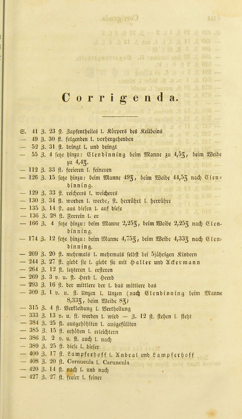 Corrigenda <3. 41 3. 23 ft. 3apfentf>ei(eg 1. .ftotpctg beg .Keilbeing — 49 3. 30 ft. folgenben l. uorfjergeijenben — 52 3. 31 ft. bvingt l. unb btingt — 55 3. 4 fe|e ^jtnju: Stenbinning beim SKanne ju 4,5$, beim 2Bei6e S« ME- — 112 3. 33 ft. fceieren l. feinewn — 126 3. 15 fe^e fjinju: beim SDtanne 493, beim SBet'be 44,53 nc*3) Slen^ binning. — 129 3. 33 ft. veidjeteg I. weidjeveg — 130 3. 34 ft. rcotben t. metbe, ft. fjettttyti l. fierrufite — 135 3. 14 ft. au§ bicfen l. auf biefe — 136 3. 28 ft. gerrein t. et — 166 3. 4 fege fjinju: beim SDtanne 2,253, beim SBcibe 2,253 na^ @len- b i n n i n g. — 174 3. 12 fe£e fjinsu: beim Sttanne 4,75^, beim 2Beibc 4,33g nad) (Stem binning. — 209 3. 20 ft. normals t. mefjtmalg felbft bei 5jdf)tigen .ftinbetn — 244 3. 27 ft. giebt fie t. giebt fie mit £allev unb TCcfevmann — 264 3. 12 ft. lefcteren 1. erfletrett — 269 3. 3 t). u. ft- «£>etb l. £eetb — 293 3. 16 ft. bet mittlere bet (. bag mitttere bag — 309 3. 1 0. it. ft. Unjen t. Unjen (nad} Stenbinning beim SOtanne 8,335, bet'm SBeibe 85) — 315 3- 4 ft. 58erf(eibung l. S3ettf)eitung — 333 3. 13 0. u. ft. werben 1. mirb — 3- 12 ft. ftetyen t. ftei;t — 384 3. 25 ft. auggefjofjlten t. auggefulften — 3S5 3. 15 ft. erfjoben l. ertcidjtevn — 386 3. 2 0. u. ft. aud) l. nad) — 389 3. 25 ft. biefe l. biefer — 400 3. 17 ft. Sampferfjoff l. tfnbtal unb Campfevfjoff — 408 3- 20 ft. Cornucula l. Caruncula — 420 3. 14 ft. nad) i. unb nad) — 427 3. 27 ft. fteicr (. feiner
