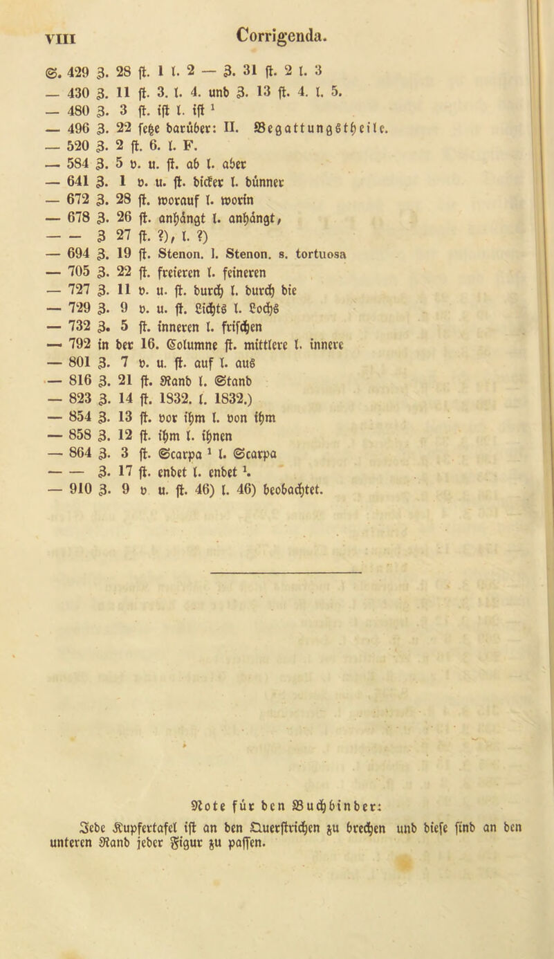 S. 429 3. 28 ft. 1 t. 2 — 3. 31 ft. 2 l. 3 — 430 3. 11 jt. 3. t. 4. unb 3. 13 ft. 4. t. 5. — 480 3- 3 ft. ift l. ift 1 — 496 3. 22 fefce baruber: II. 93eflattun06tf)eile. — 520 3- 2 ft. 6. t. F. — 584 3. 5 b. u. ft. ab l. abet — 641 3. 1 ». u. ft. bicfer l. bunner — 672 3. 28 ft. worauf I. worm — 678 3- 26 ft. anfjdngt t. antjangt, 3 27 ft. ?), 1. ?) — 694 3. 19 ft. Stenon. 1. Stenon. s. tortuosa — 705 3. 22 ft. freieren l. fcineren — 727 3. 11 o. u. ft. burd) l. burcf) bie — 729 3. 9 0. u. ft. 8id)t£ l. Codjg — 732 3. 5 ft. inneren l. frtf^jen — 792 in bet 16. Solumne ft. mittlevc t. inneve — 801 3. 7 0. u. ft. auf I. cui§ — 816 3. 21 ft. Stonb l. ©tanb — 823 3. 14 ft. 1832. t. 1S32.) — 854 3. 13 ft. bor it)m l. bon tym — 858 3. 12 ft. tym t. i^nen — 864 3. 3 ft. (Scarpa 1 t. Scarpa 3. 17 ft. enbet t. enbet \ — 910 3- 9 o u. ft. 46) l. 46) beobacfjtet. 9tote fur ben SSudjbinber: Scbe ftupfettafcl ift an ben Guerftvidjen ju bred^en unb biefe finb an ben untercn 3tanb jcber g*9ur ju paffen.