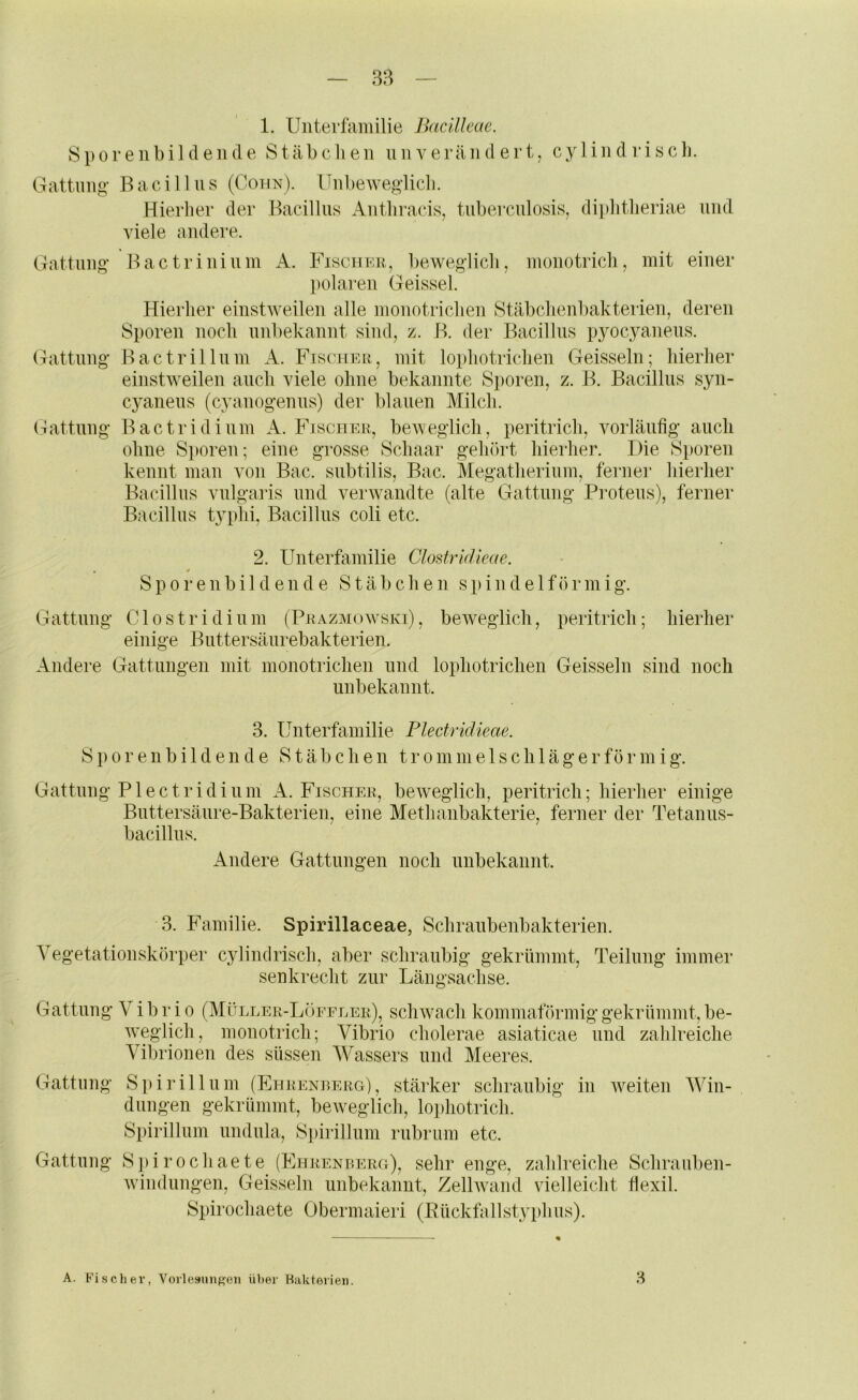 1. Unterfamilie Bacilleae. Sporeiibildeiide Stäbchen unverändert, cylindrisch. Gattung- Bacillus (Cohn). Unbeweglich. Hierher der Bacillus Anthracis, tiiberculosis, dijihtheriae und viele andere. Gattung Bactrininm A. Fischer, beweglich, monotrich, mit einer polaren Geissei. Hierher einstweilen alle monotrichen Stäbchenbakterien, deren Sporen noch unbekannt sind, z. B. der Bacillus pyocyaneus. (fattang Bactrillum A. Fischer, mit lophotrichen Geissein; hierher einstweilen auch viele ohne bekannte Sporen, z. B. Bacillus syii- C3^aneus (cyaiiogenus) der blauen Milch. (-iattung Bactridium A. Fiscnmi, beweglich, peritrich, vorläufig auch ohue Sporen; eine grosse Schaar gehört hierher. Die Sporen kennt man von Bac. subtilis, Bac. Megatherium, ferner hierher Bacillus vulgaris und verwandte (alte Cfattung Pi’oteus), ferner Bacillus typhi, Bacillus coli etc. 2. Unterfamilie Clostridieae. S p 0 r e n b i 1 d e 11 d e Stäbchen s p i n d e 1 f ö r m i g. Gattung Clostridium (Prazmowski), beweglich, peritrich; hierher einige Buttersäurebakterien. Andere Gattungen mit monotrichen und lophotrichen Geissein sind noch unbekannt. 3. Unterfamilie Plectridieae. S0 r e n b i 1 d e n d e Stäbchen t r o m in e 1 s c h 1 ä g e r f ö r m i g. Gattung Plectridiiim A. Fischer, beiveglich, peritrich; hierher einige Buttersäure-Bakterien, eine Methanbakterie, ferner der Tetanus- bacillus. iVudere Gattungen noch unbekannt. 3. Familie. Spirillaceae, Schraubenbakterien. Vegetationskörper cylindrisch, aber schraubig gekrümmt, Teilung immer senkrecht zur Längsachse. Gattung Vibrio (Müller-Loeeler), schwach kommaförmig gekrümmt, be- Aveglich, monotrich; Vibrio cholerae asiaticae und zahlreiche Vibrionen des süssen Wassers und Meeres. Gattung S])irillum (Ehrenrerg), stärker schraubig in weiten Win- dungen gekrümmt, beiveglich, lo])hotrich. Spirillum undiila, Sjhrillum rubrum etc. Gattung Spirochaete (Ehrenberg), sehr enge, zahlreiche Schrauben- windungen, Geissein unbekannt, Zelhvand vielleicht Üexil. Spirochaete Obermaieri (Eückfallstyphus).