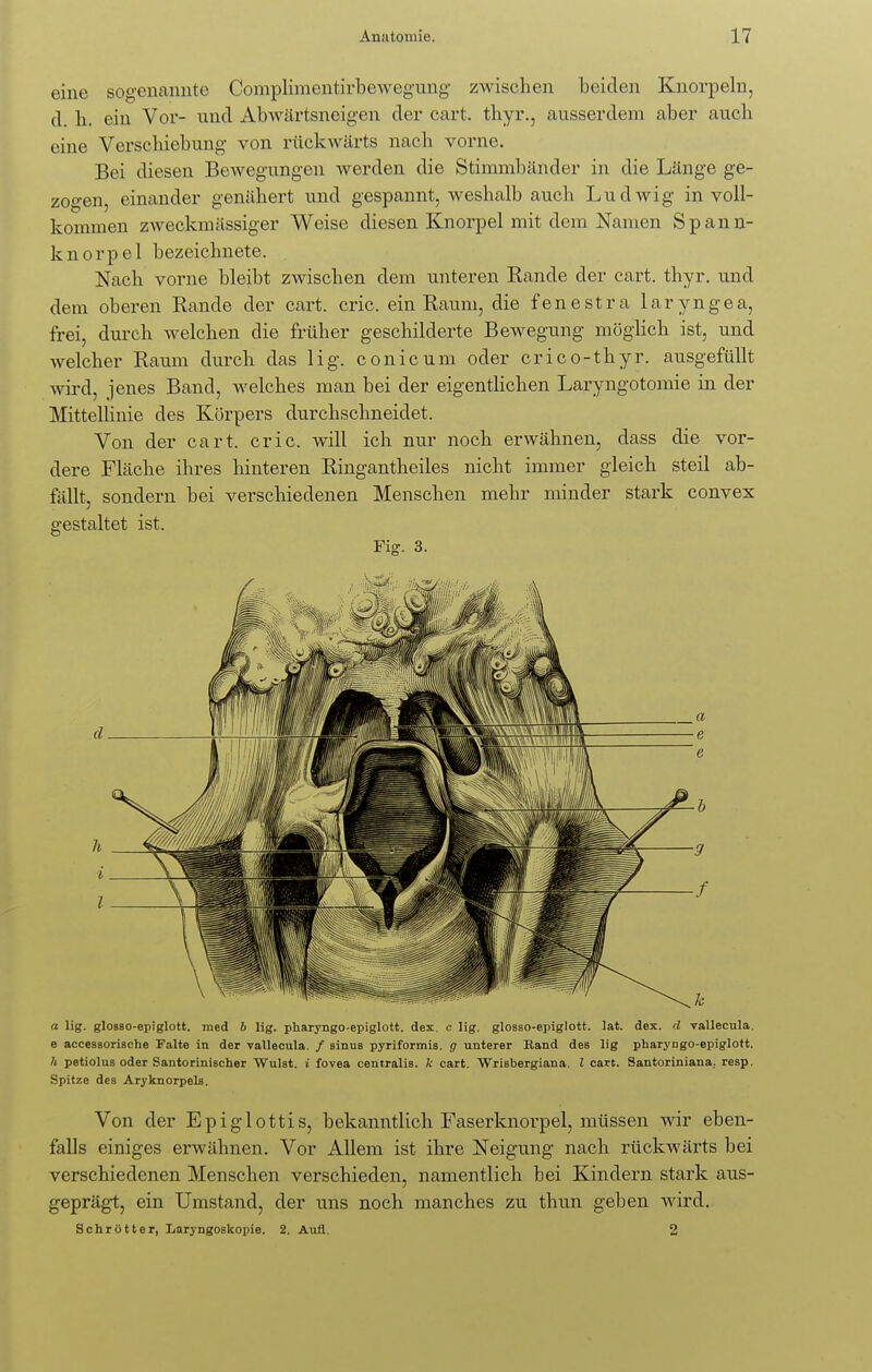 eine sogenannte Complimentirbewegung zwischen beiden Knorpeln, d. h. ein Vor- nnd Abwärtsneigen der cart. thyr., ausserdem aber auch eine Verschiebung von rückwärts nach vorne. Bei diesen Bewegungen werden die Stimmbänder in die Länge ge- zogen, einander genähert und gespannt, weshalb auch Ludwig in voll- kommen zweckmässiger Weise diesen Knorpel mit dem Namen Spann- knorpel bezeichnete. Nach vorne bleibt zwischen dem unteren Kande der cart. thyr. und dem oberen Rande der cart. cric. ein Raum, die fenestra laryngea, frei, durch welchen die früher geschilderte Bewegung möglich ist, und welcher Raum durch das lig. conicum oder crico-thyr. ausgefüllt wird, jenes Band, welches man bei der eigentlichen Laryngotomie in der Mittellinie des Körpers durchschneidet. Von der cart. cric. will ich nur noch erwähnen, dass die vor- dere Fläche ihres hinteren Ringantheiles nicht immer gleich steil ab- fällt, sondern bei verschiedenen Menschen mehr minder stark convex gestaltet ist. Fig. 3. a lig. gl0880-epiglott. med 6 lig. pharyngo-epiglott. dex. c lig. glosso-epiglott. lat. dex. d vallecula. e accessorische Falte in der vallecula. / sinus pyriformis. g unterer Eand des lig pharyngo-epiglott. /* petiolus oder Santorinischer Wulst, i fovea centralis, k cart. Wrisbergiana. I cart. Santoriniana, resp. Spitze des Aryknorpels. Von der Epiglottis, bekanntlich Faserknorpel, müssen wir eben- falls einiges erwähnen. Vor Allem ist ihre Neigung nach rückwärts bei verschiedenen Menschen verschieden, namentlich bei Kindern stark aus- geprägt, ein Umstand, der uns noch manches zu thun geben wird. Schrotter, Laryngoskopie. 2. Aufl, 2