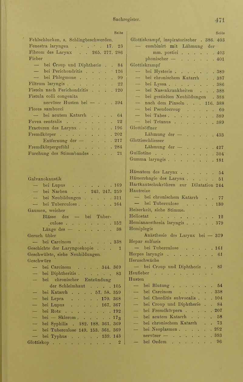 Seite Fehlschlucken, s. Schlingbesehwerden. Fenestra laryngea . • . ' . 17. 23 Fibrom des Larynx . . 2G5. 277. 286 Fieber — bei Croup und Diphtherie . . 84 — bei Perichondritis . . . . ■ 126 — bei Phlegmone 99 Filtrum laryngis 22 Fisteln nach Perichondritis . . . .120 Fistula colli congenita nervöser Husten bei — • . . 394 Flores sambucci — bei acutem Katarrh .... 64 Fovea centralis 22 Fracturen des Larynx 196 Fremdkörper 202 Entfernung der — . . . .217 Fremdkörpergefühl 284 Furchung des Stimmbandes .... 21 Galvanokaustik — bei Lupus 169 — bei Narben . . . 243. 247. 259 — bei Neubildungen 311 — bei Tuberculose 164 Gaumen, weicher Blässe des — bei Tuber- culose 152 Länge des — 38 Geruch übler — bei Carcinom 338 Geschichte der Laryngoskopie ... 1 Geschwülste, siehe Neubildungen. Geschwüre — bei Carcinom .... 344. 369 — bei Diphtheritis 83 — bei chronischer Entzündung der Schleimhaut .... 105 — bei Katarrh .... 57. 58. 359 — bei Lepra 170. 368 — bei Lupus 167. 367 — bei Rotz 192 — bei — Sklerom 173 — bei Syphilis . 182. 188. 361. 369 — bei Tuberculose 149. 153. 361. 369 — bei Typhus 139. 143 Glottiskop 2 Seite Glottiskrampf, inspiratorischer . 386. 403 — combinirt mit Lähmung der mm. postici 403 phonischer — 401 Glottiskrampf — bei Hysterie 389 — bei chronischem Katarrh . . 387 — bei Lyssa 386 — bei Nasenkrankheiten . . . 388 — bei gestielten Neubildungen . 388 — nach dem Pinseln . . . 116. 388 — bei Pseudocroup 60 — bei Tabes 389 — bei Tetanus . 389 Glottisöffner Lähmung der — 433 Glottisschliesser Lähmung der — 427 Guillotine 304 Gumma laryngis 181 Hämatom des Larynx 54 Hämorrhagie des Larynx 51 Hartkautschukröhren zur Dilatation 244 Hautreize — bei chronischem Katarrh . . 77 — bei Tuberculose 130 Heiserkeit, siehe Stimme. Heliostat 12 Hemianaesthesia laryngis 379 Hemiplegie Anästhesie des Larynx bei — 379 Hepar sulfuris — bei Tuberculose . • . . .161 Herpes laryngis 61 nerzschwäche — bei Croup und Diphtherie . . 85 Heufieber Husten — bei Blutung 54 — bei Carcinom 338 — bei Chorditis subvocalis . . . 104 — bei Croup und Diphtherie . . 84 — bei Fremdkörpern 207 bei acutem Katarrh .... 58 — bei chronischem Katarrh . . 73 — bei Neoplasmen 282 nervöser — 393 — bei Oedem 96
