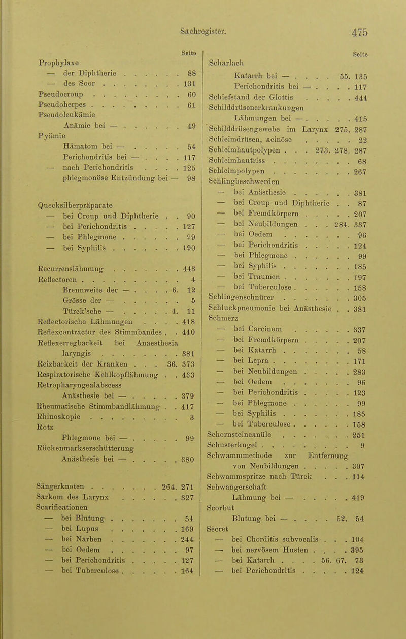 Seito Prophylaxe — der Diphtherie 88 — des Soor 131 Pseudocroup 60 Pseudoherpes 61 Pseudoleukämie Anämie hei — 49 Pyämie Hämatom bei — 54 Perichondritis bei — . . . .117 — nach Perichondritis .... 125 phlegmonöse Entzündung bei — 98 Quecksilberpräparate — bei Croup und Diphtherie . . 90 — bei Perichondritis 127 — bei Phlegmone S9 — bei Syphilis 190 Eecurrenslähmung 443 Reflectoren 4 Brennweite der — . . . .6. 12 Grösse der — 5 Türck'sche — 4. 11 Reflectorische Lähmungen . . . .418 Reflexcontractur des Stimmbandes . . 440 Reflexerregbarkeit bei Anaesthesia laryngis 381 Reizbarkeit der Kranken . . . 36. 373 Respiratorische Kehlkopflähmung . . 433 Retropharyngealabscess Anästhesie bei — 379 Rheumatische Stimmbandlähmung . .417 Rhinoskopie 3 Rotz Phlegmone bei — 99 Rückenmarkserschütterunff Anästhesie bei — 380 Sängerknoten 264. 271 Sarkom des Larynx 327 Scarificationen — bei Blutung 54 — bei Lupus 169 — bei Narben 244 — bei Oedem 97 — bei Perichondritis 127 — bei Tuberculose 164 Seite Scharlach Katarrh bei — . . . . 55. 135 Perichondritis bei — . . . .117 Schiefstand der Glottis 444 Schilddrüsenerkrankungen Lähmungen bei — 415 Schilddrüsengewebe im Larynx 275. 287 Schleimdrüsen, acinöse 22 Schleimhautpolypen . . . 273. 278. 287 Schleimhautriss 68 Schleimpolypen 267 Schlingbeschwerden — bei Anästhesie 381 — bei Croup und Diphtherie . . 87 — bei Fremdkörpern 207 — bei Neubildungen . . . 284. 337 — bei Oedem 96 — bei Perichondritis 124 — bei Phlegmone 99 — bei Syphilis 185 — bei Traumen 197 — bei Tuberculose 158 Schlingenschnürer 305 Schluckpneumonie bei Anästhesie . . 381 Schmerz — bei Carcinom 337 — bei Fremdkörpern 207 — bei Katarrh 58 — bei Lepra 171 — bei Neubildungen 283 — bei Oedem 96 — bei Perichondritis 123 — bei Phlegmone 99 — bei Syphilis 185 — bei Tuberculose 158 Schornsteincanüle 251 Schusterkugel 9 Schwammmethode zur Entfernung von Neubildungen 307 Schwammspritze nach Türck . . .114 Schwangerschaft Lähmung bei — 419 Scorbut Blutung bei — . . . . 52. 54 Secret — bei Chorditis subvocalis . . . 104 —• bei nervösem Husten .... 395 — bei Katarrh .... 56. 67. 73 — bei Perichondritis 124