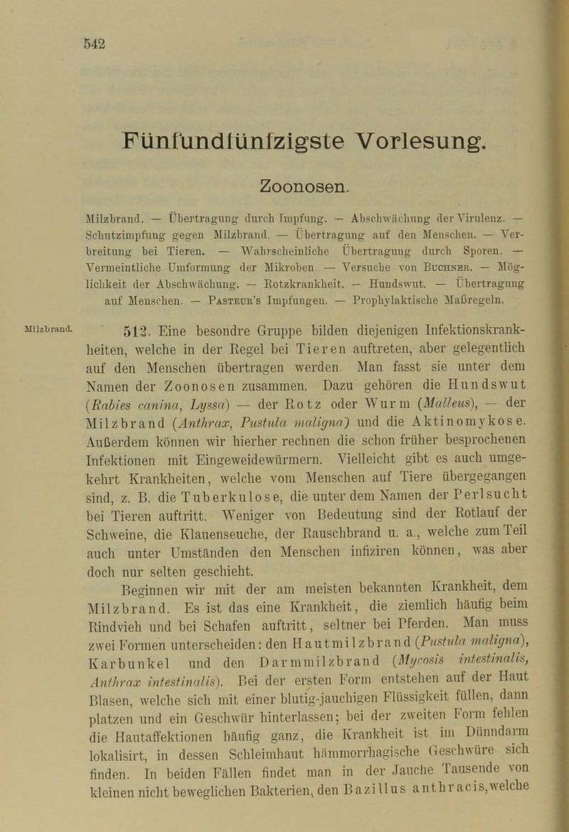 Milzbrand. Fünfundlünfzigste Vorlesung. Zoonosen. Milzbrand. — Übertragung durch Impfung. — Absehwäclmng der Virulenz. — Schutzimpfung gegen Milzbrand. — Übertragung auf den Menschen. — Ver- breitung bei Tieren. — Wahrscheinliche Übertragung durch Sporen. — Vermeintliche Umformung der Mikroben. — Versuche von Büchner. — Mög- lichkeit der Abschwächung. — Botzkrankheit. — Hundswut. — Übertragung auf Menschen. — Pasteub's Impfungen. — Prophylaktische Maßregeln. 512. Eine besondre Gruppe bilden diejenigen Infektionskrank- heiten, welche in der Regel bei Tieren auftreten, aber gelegentlich auf den Menschen übertragen werden. Man fasst sie unter dem Namen der Zoonosen zusammen. Dazu gehören die Hundswut (Rabies canina, Lyssa) — der Rotz oder Wurm (Malfeus), — der Milzbrand (Anthrax, Pustula maligna') und die Aktinomykos e. Außerdem können wir hierher rechnen die schon früher besprochenen Infektionen mit Eingeweidewürmern. Vielleicht gibt es auch umge- kehrt Krankheiten, welche vom Menschen auf Tiere übergegangen sind, z. B. die Tuberkulose, die unter dem Namen der Perl sucht bei Tieren auftritt. Weniger von Bedeutung sind der Rotlauf der Schweine, die Klauenseuche, der Rauschbrand u. a., welche zum Teil auch unter Umstünden den Menschen infiziren können, was aber doch nur selten geschieht. Beginnen wir mit der am meisten bekannten Krankheit, dem Milzbrand. Es ist das eine Krankheit, die ziemlich häufig beim Rindvieh und bei Schafen auftritt, seltner bei Pferden. Man muss zwei Formen unterscheiden: den Hautmilzbrand (Pustula maligna), Karbunkel und den Darmmilzbrand (Mycosis intestinalis, Anthrax intestinalis). Bei der ersten Form entstehen auf dei Haut Blasen, welche sich mit einer blutig-jauchigen Flüssigkeit füllen, dann platzen und ein Geschwür hinterlassen; bei der zweiten lorm fehlen die Hautaffektionen häufig ganz, die Krankheit ist im Dünndann lokalisirt, in dessen Schleimhaut hämmorrhagische Geschwüre sich finden. In beiden Fällen findet man in der Jauche Tausende von kleinen nicht beweglichen Bakterien, den Bazillus antbracis,welche
