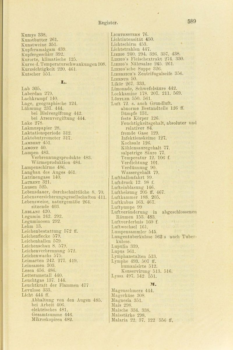 Kumys B38. Kunstbutter 261. Kunstweine 351. Kupferamalgam 439. Kupfergescliirr 392. Kurorte, klimatische 125. Kurve d. Temperaturschwankungen 108. Kurzsichtigkeit 220. 461. Kutscher 551. L. Lab 305. Laberdan 279. Lachkrampf 140. Lage, geographische 124. Lähmung 237. 444. bei Bleivergiftung 442. bei Arsenvergiftung 444. Lake 278. Lakmuspapier 28. Laktationsperiode 312. Laktobutyrometer 317. Lambekt 451. Lajiont 40. Lampen 483. Verbrenuungsprodukte 483. Wärmeproduktion 484. Lampenschirme 486. Langbau des Auges 461. Latrinengase 140. Laueent 321. Lausen 525. Lebensdauer, durchschnittliche 8. 70. Lebensversicherungsgesellschaften 411. Lebensweise, naturgemäße 264. sitzende 403. Leblanc 420. Legumin 242. 292. Leguminosen 292. Lehm 13. Leichenbestattung 572 ff. Leichenliecke 579. Leichenhallen 579 Leichenschau 8. 579. Leichenverbreunung 572. Leichen wachs 575. Leimarten 242. 277. 419. Leinsamen 303. Lesen 456. 486. Letternmetall 440. Leuchtgas 137. 144. Leuchtkraft der Flammen 477 Levulose 333. Licht 444 ff. Abhaltung von den Augen 485. bei Arbeit 406. elektrisches 481. Gesamtsumme 446. Mikroskopiren 482. Lichtensteen 76. Lichtintensität 450. Lichtschirm 453. Lichtstrahlen 447. Liebig 240. 294. 326. 357. 438. Liebig’s Fleischextrakt 274. 330. Liebig’s Nährsalze 245. 261. LiEBiG’sche Suppe 326. Liebbeich’s Zentrifugalseife 356. Lieenub 50. Likör 267. 333. Limonade, Schwefelsäure 442. Lockkamine 178. 207. 211. 569. Löfflee 550. 561. Luft 72. s. auch Grundluft. abnorme Bestandteile 126 ff. Dämpfe 131. feste Körper 126. Feuchtigkeitsgehalt, absoluter und relativer 84. fremde Gase 129. Infektionskeime 127. Kochsalz 126. Köhlensauregehalt 77. salpetrige Säure 77. Temperatur 12. 106 f. Verdichtung 101. Verdünnung 90. Wassergehalt 79. Luftballonfalirt 99. Luftdruck 12. 98 f. Lufteinblasung 146. Luftheizung 205 ff. 467. Luftkammer 188. 205. Luftkubus 163. 467. Luftpumpe 99 Luftveränderung in abgeschlossenen Räumen 153. 483. Luftverderbnis 160 f. Luftwechsel 161. Lumpensammler 545. Lungentuberkulose 562 s auch Tuber- kulose- Lupulin 339. Lupus 561. Lymphanstalten 513. Lymphe 493. 507 ff. lmmanisirte 512. Konservirung 513. 516. Lyssa 497. 542 551. M. Magenschmerz 444. Magerkäse 308. Magnesia 351. Mais 298. Maische 334. 338. Maisstärke 298. Malaria 22. 37. 122 556 ff,