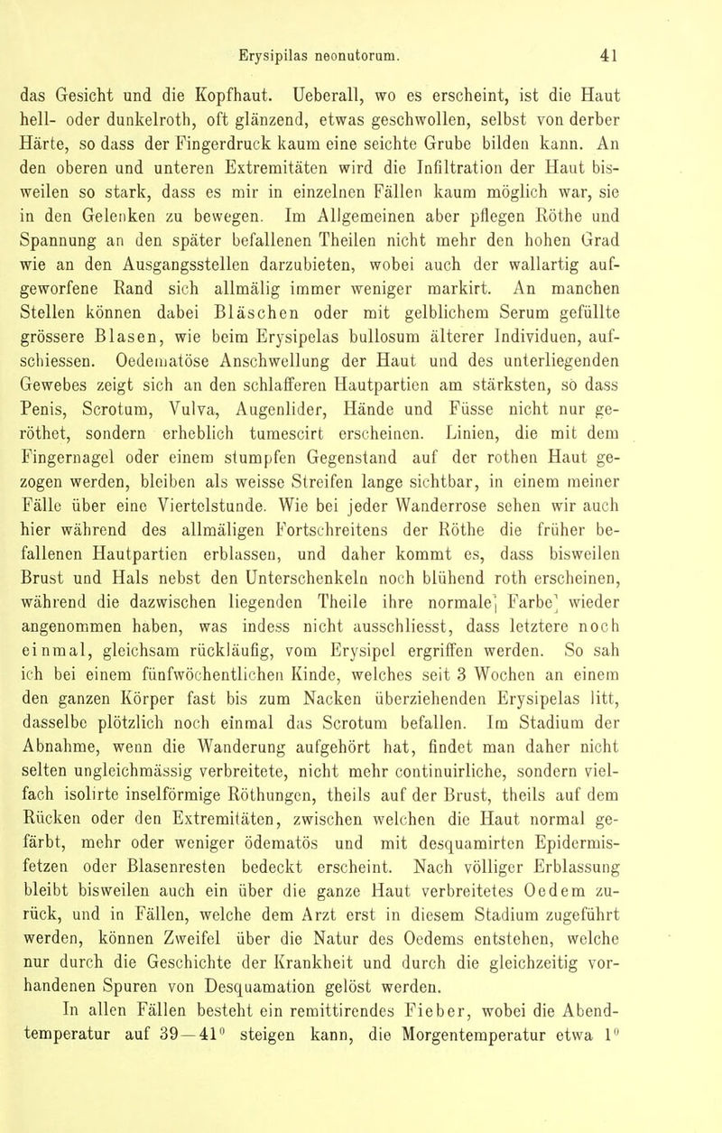 das Gesicht und die Kopfhaut. Ueberall, wo es erscheint, ist die Haut hell- oder dunkelroth, oft glänzend, etwas geschwollen, selbst von derber Härte, so dass der Fingerdruck kaum eine seichte Grube bilden kann. An den oberen und unteren Extremitäten wird die Infiltration der Haut bis- weilen so stark, dass es mir in einzelnen Fällen kaum möglich war, sie in den Gelenken zu bewegen. Im Allgemeinen aber pflegen Rothe und Spannung an den später befallenen Theilen nicht mehr den hohen Grad wie an den Ausgangsstellen darzubieten, wobei auch der wallartig auf- geworfene Rand sich allmälig immer weniger markirt. An manchen Stellen können dabei Bläschen oder mit gelblichem Serum gefüllte grössere Blasen, wie beim Erysipelas bullosum älterer Individuen, auf- schiessen. Oedematöse Anschwellung der Haut und des unterliegenden Gewebes zeigt sich an den schlafferen Hautpartien am stärksten, sö dass Penis, Scrotum, Vulva, Augenlider, Hände und Füsse nicht nur ge- röthet, sondern erheblich tamescirt erscheinen. Linien, die mit dem Fingernagel oder einem stumpfen Gegenstand auf der rothen Haut ge- zogen werden, bleiben als weisse Streifen lange sichtbar, in einem meiner Fälle über eine Viertelstunde. Wie bei jeder Wanderrose sehen wir auch hier während des allmäligen Fortschreitens der Röthe die früher be- fallenen Hautpartien erblassen, und daher kommt es, dass bisweilen Brust und Hals nebst den Unterschenkeln noch blühend roth erscheinen, während die dazwischen liegenden Theile ihre normale', Farbe^ wieder angenommen haben, was indess nicht ausschliesst, dass letztere noch einmal, gleichsam rückläufig, vom Erysipel ergriffen werden. So sah ich bei einem fünfwöchentlichen Kinde, welches seit 3 Wochen an einem den ganzen Körper fast bis zum Nacken überziehenden Erysipelas litt, dasselbe plötzlich noch einmal das Scrotum befallen. Im Stadium der Abnahme, wenn die Wanderung aufgehört hat, findet man daher nicht selten ungleichmässig verbreitete, nicht mehr continuirliche, sondern viel- fach isolirte inselförmige Röthungen, theils auf der Brust, theils auf dem Rücken oder den Extremitäten, zwischen welchen die Haut normal ge- färbt, mehr oder weniger ödematös und mit desquamirten Epidermis- fetzen oder Blasenresten bedeckt erscheint. Nach völliger Erblassung bleibt bisweilen auch ein über die ganze Haut verbreitetes Oedem zu- rück, und in Fällen, welche dem Arzt erst in diesem Stadium zugeführt werden, können Zweifel über die Natur des Oedems entstehen, welche nur durch die Geschichte der Krankheit und durch die gleichzeitig vor- handenen Spuren von Desquamation gelöst werden. In allen Fällen besteht ein remittirendes Fieber, wobei die Abend- temperatur auf 39 — 41 steigen kann, die Morgentemperatur etwa 1